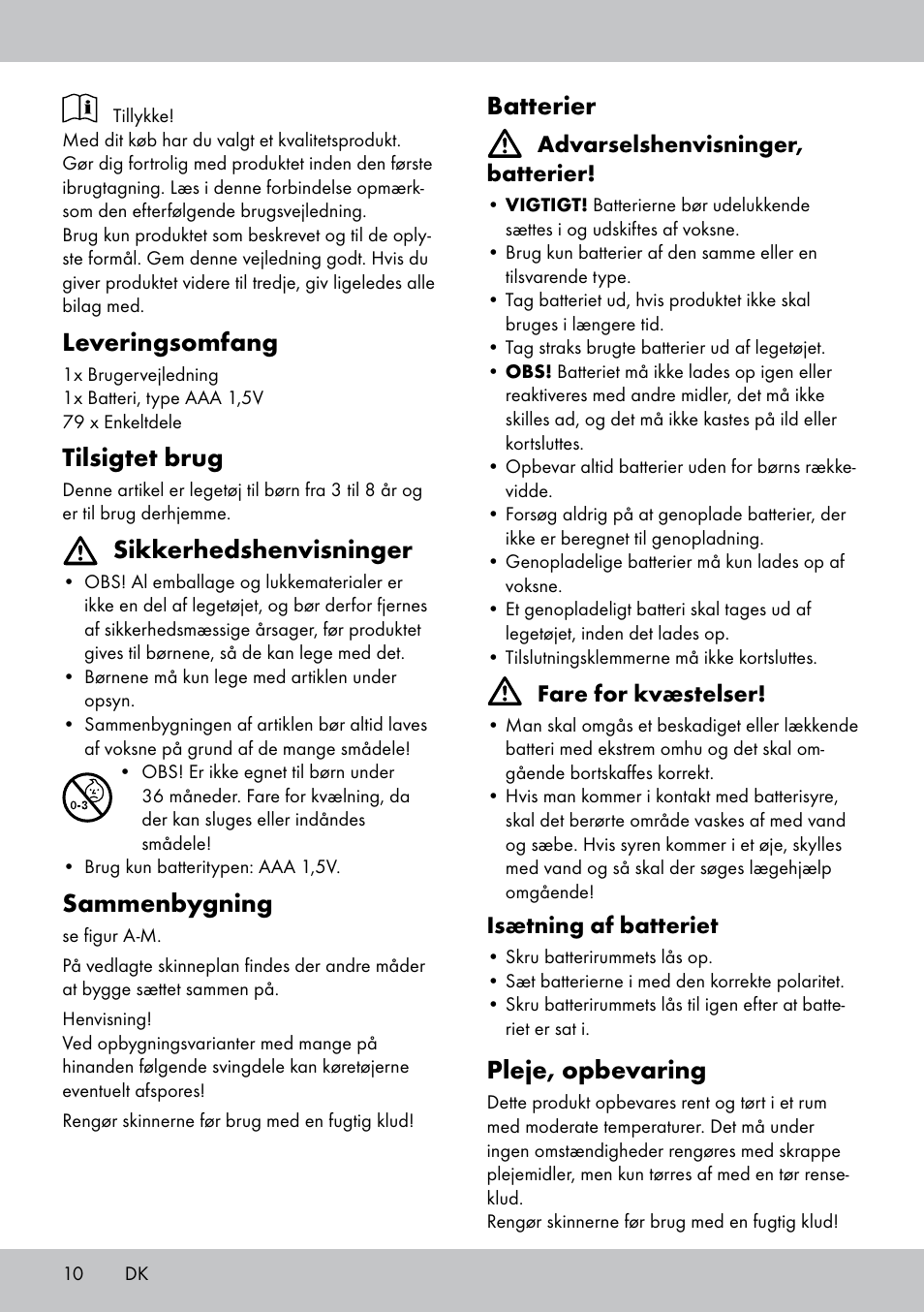 Leveringsomfang, Tilsigtet brug, Sikkerhedshenvisninger | Sammenbygning, Batterier, Pleje, opbevaring | Playtive WOODEN RAILWAY SET User Manual | Page 10 / 20