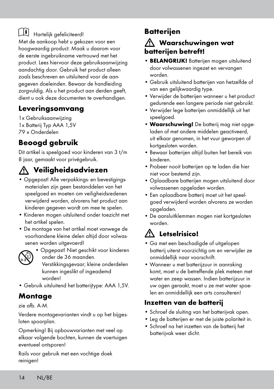 Leveringsomvang, Beoogd gebruik, Veiligheidsadviezen | Montage, Batterijen | Playtive WOODEN RAILWAY SET User Manual | Page 14 / 20