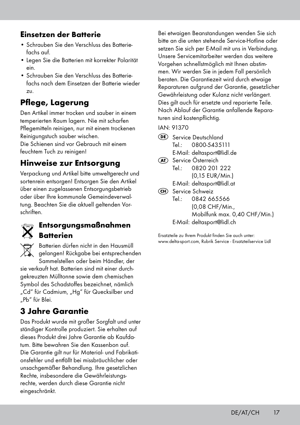 Pflege, lagerung, Hinweise zur entsorgung, 3 jahre garantie | Insetzen der batterie, Entsorgungsmaßnahmen batterien | Playtive WOODEN RAILWAY SET User Manual | Page 17 / 20