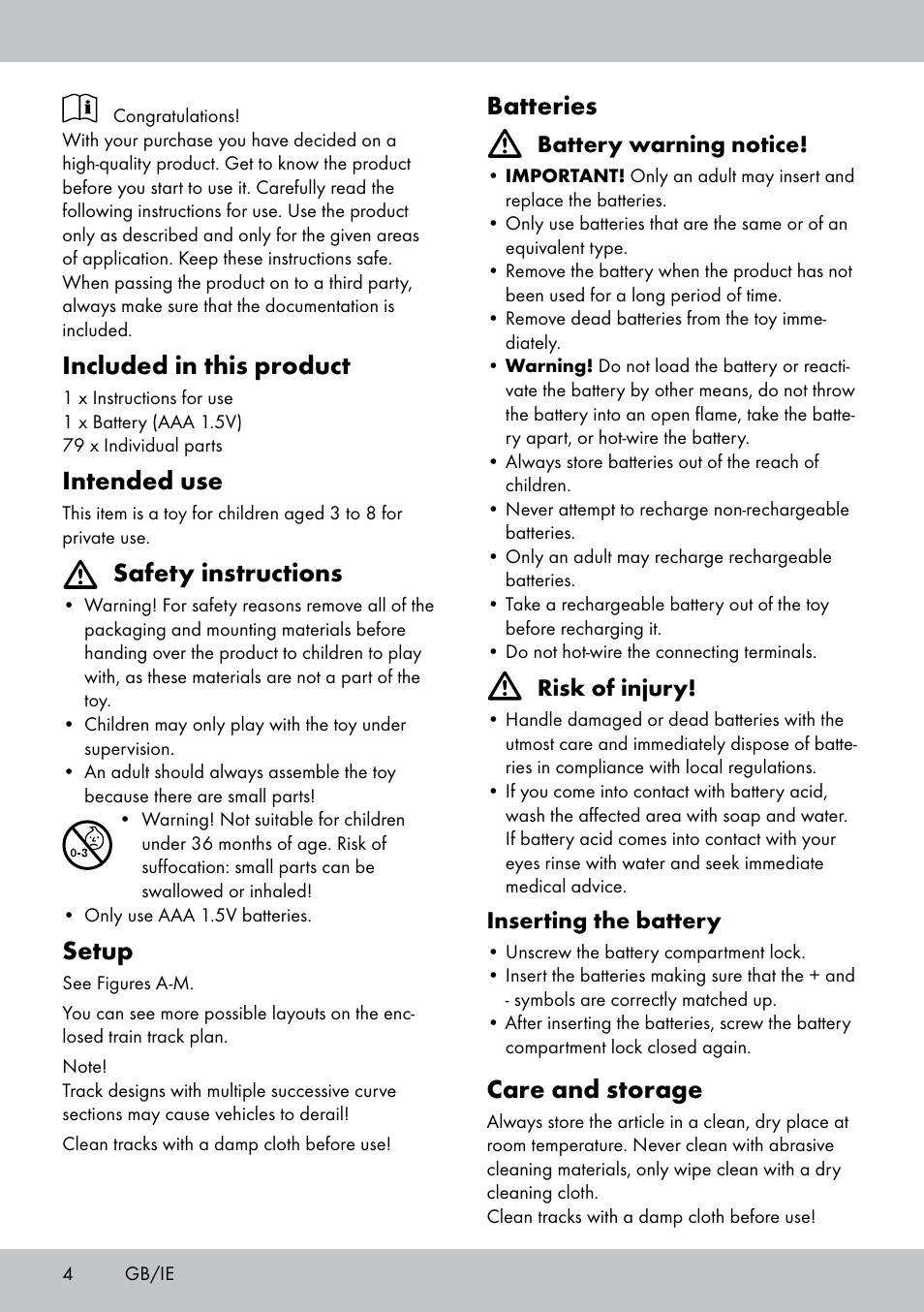 Included in this product, Intended use, Safety instructions | Setup, Batteries, Care and storage | Playtive WOODEN RAILWAY SET User Manual | Page 4 / 20