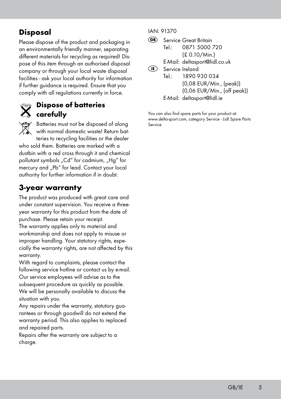 Disposal, Year warranty, Dispose of batteries carefully | Playtive WOODEN RAILWAY SET User Manual | Page 5 / 20