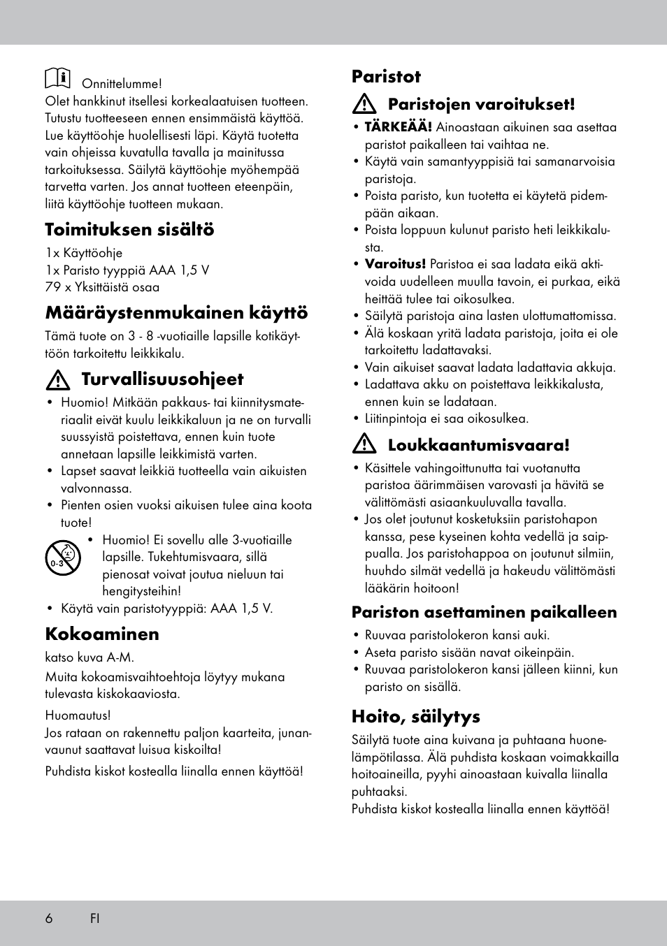 Toimituksen sisältö, Määräystenmukainen käyttö, Turvallisuusohjeet | Kokoaminen, Paristot, Hoito, säilytys | Playtive WOODEN RAILWAY SET User Manual | Page 6 / 20