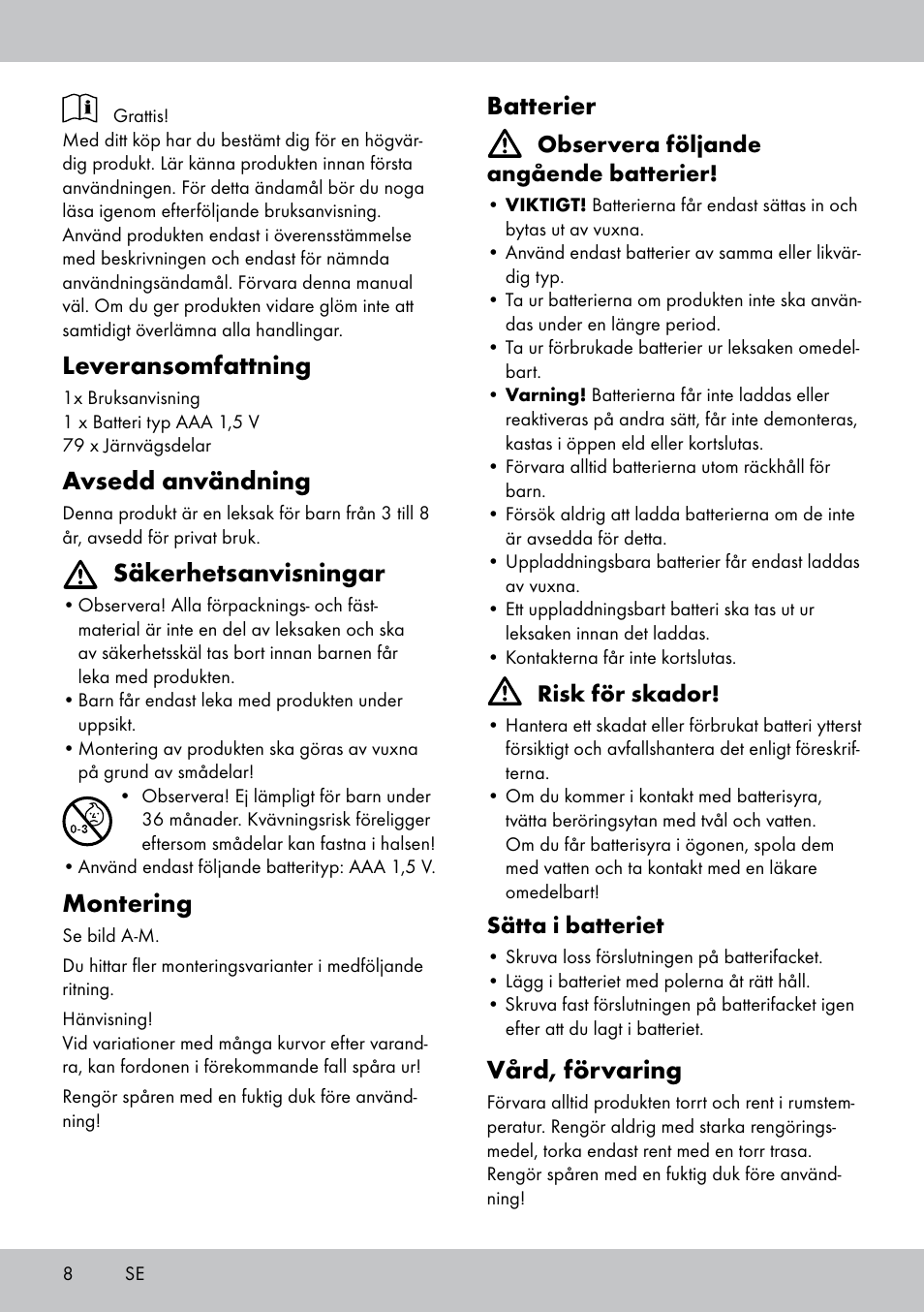 Leveransomfattning, Avsedd användning, Säkerhetsanvisningar | Montering, Batterier, Vård, förvaring | Playtive WOODEN RAILWAY SET User Manual | Page 8 / 20