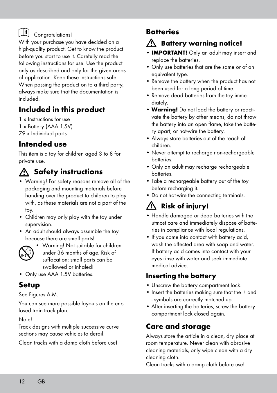 Included in this product, Intended use, Safety instructions | Setup, Batteries, Care and storage | Playtive WOODEN RAILWAY SET User Manual | Page 12 / 16