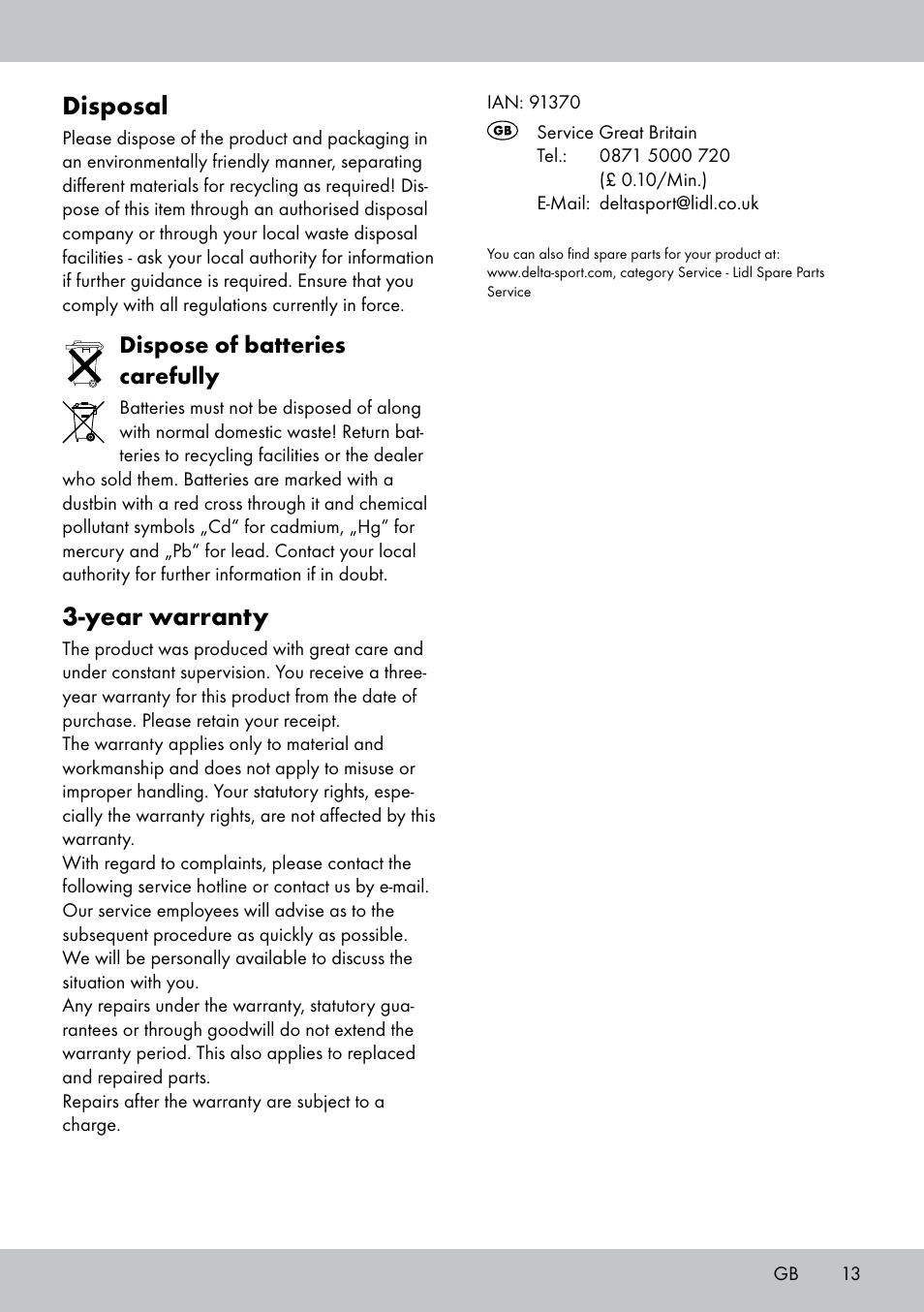 Disposal, Year warranty, Dispose of batteries carefully | Playtive WOODEN RAILWAY SET User Manual | Page 13 / 16