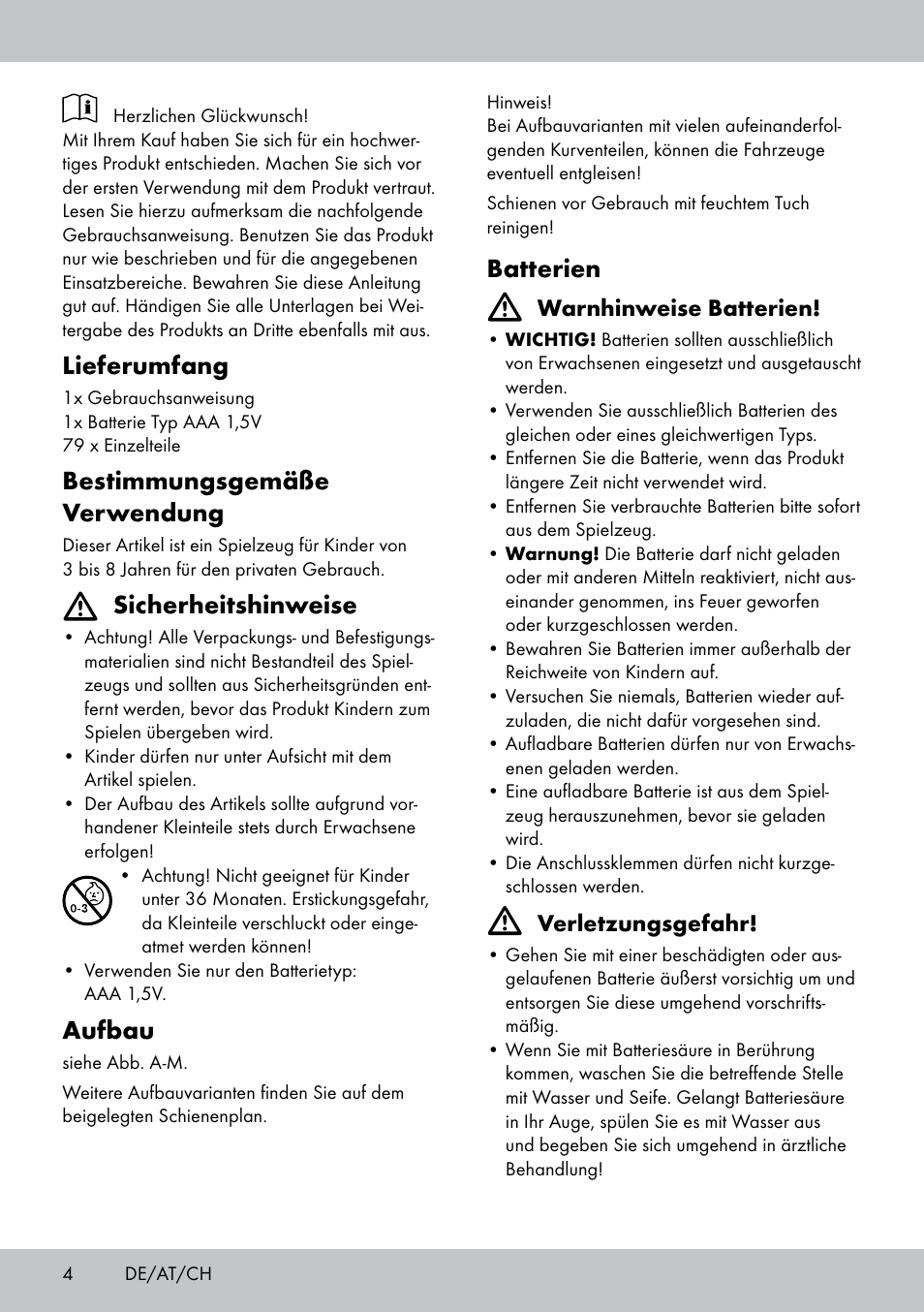 Lieferumfang, Bestimmungsgemäße verwendung, Sicherheitshinweise | Aufbau, Batterien | Playtive WOODEN RAILWAY SET User Manual | Page 4 / 16