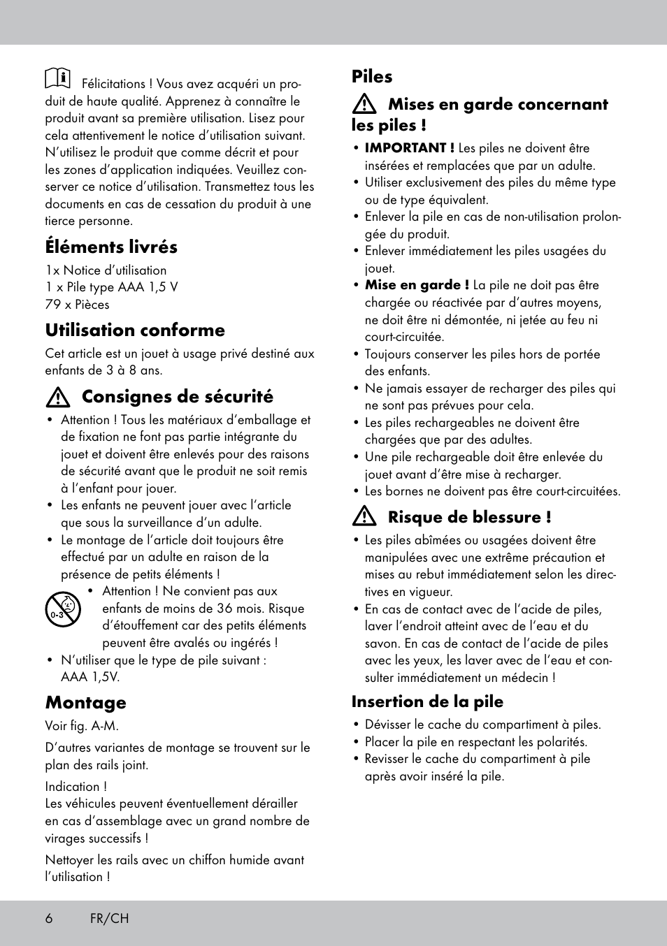 Éléments livrés, Utilisation conforme, Consignes de sécurité | Montage, Piles | Playtive WOODEN RAILWAY SET User Manual | Page 6 / 16