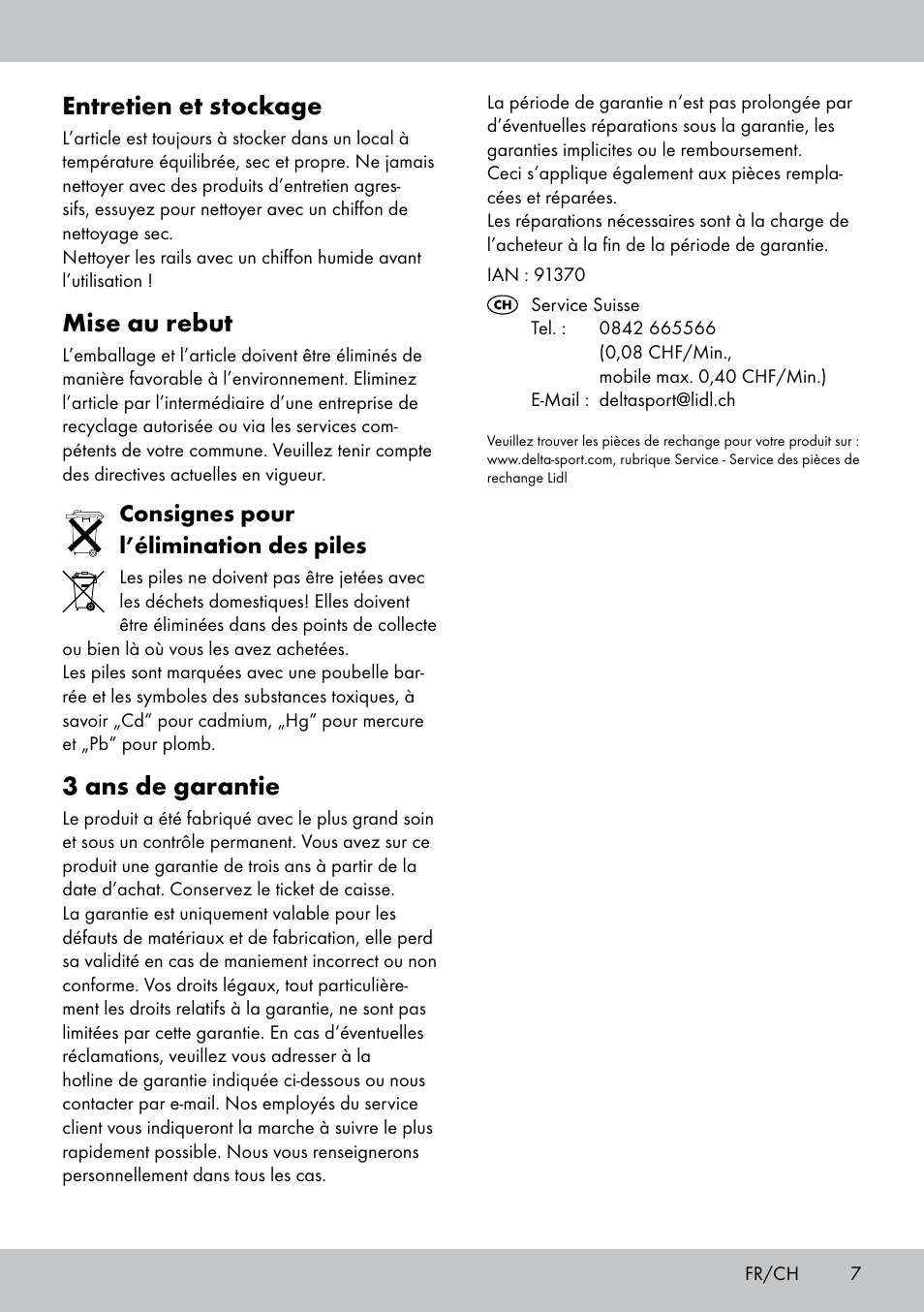 Entretien et stockage, Mise au rebut, 3 ans de garantie | Consignes pour l’élimination des piles | Playtive WOODEN RAILWAY SET User Manual | Page 7 / 16