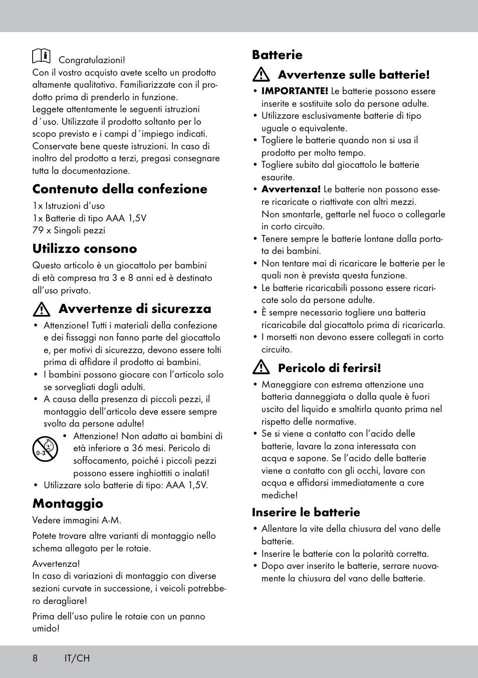 Contenuto della confezione, Utilizzo consono, Avvertenze di sicurezza | Montaggio, Batterie | Playtive WOODEN RAILWAY SET User Manual | Page 8 / 16