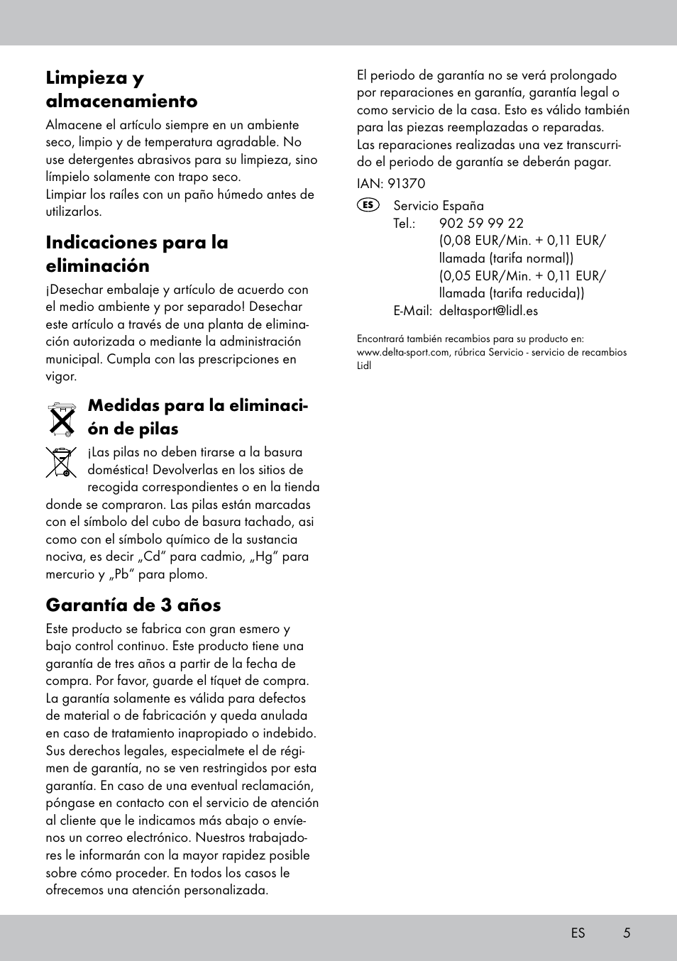 Limpieza y almacenamiento, Indicaciones para la eliminación, Garantía de 3 años | Medidas para la eliminaci- ón de pilas | Playtive WOODEN RAILWAY SET User Manual | Page 5 / 16