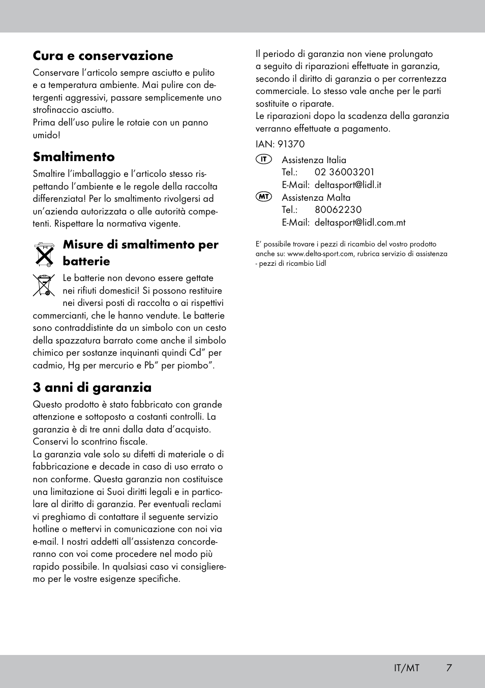 Cura e conservazione, Smaltimento, 3 anni di garanzia | Misure di smaltimento per batterie | Playtive WOODEN RAILWAY SET User Manual | Page 7 / 16