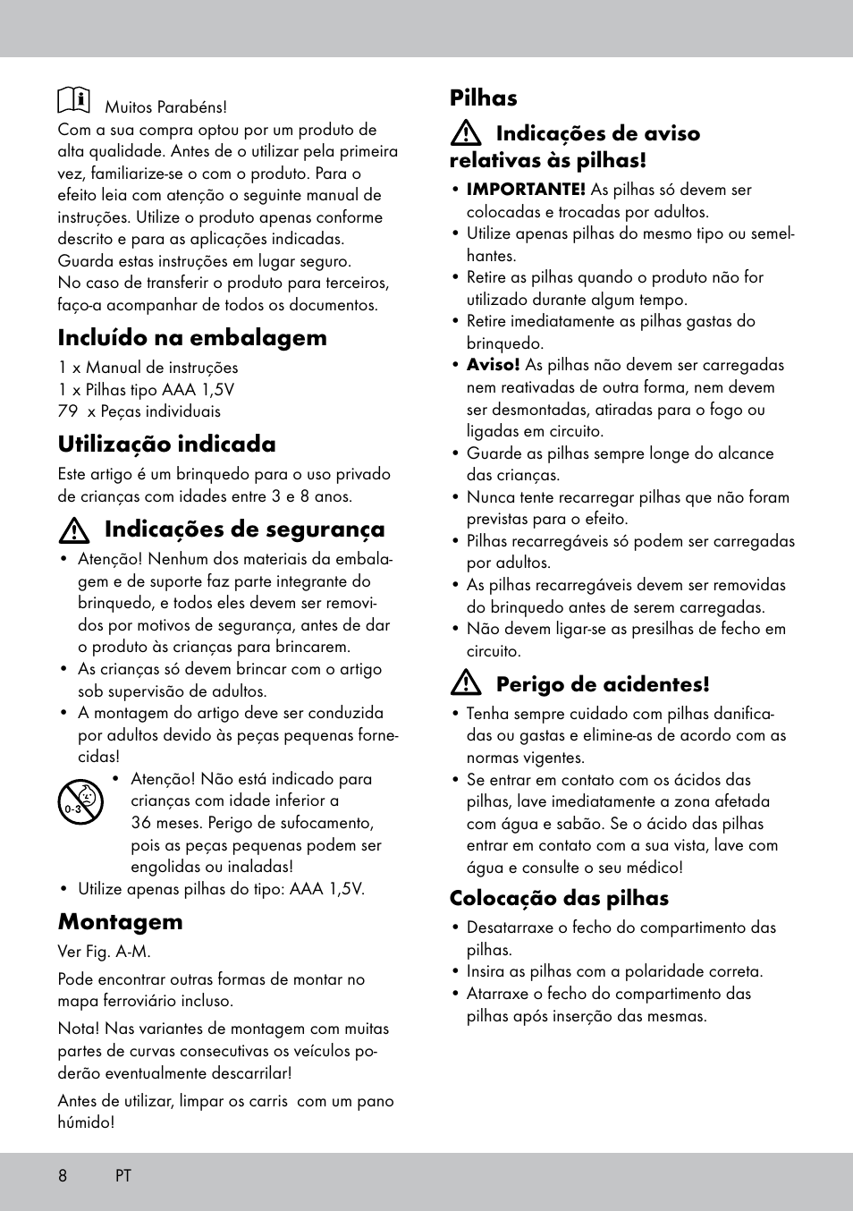 Incluído na embalagem, Utilização indicada, Indicações de segurança | Montagem, Pilhas | Playtive WOODEN RAILWAY SET User Manual | Page 8 / 16