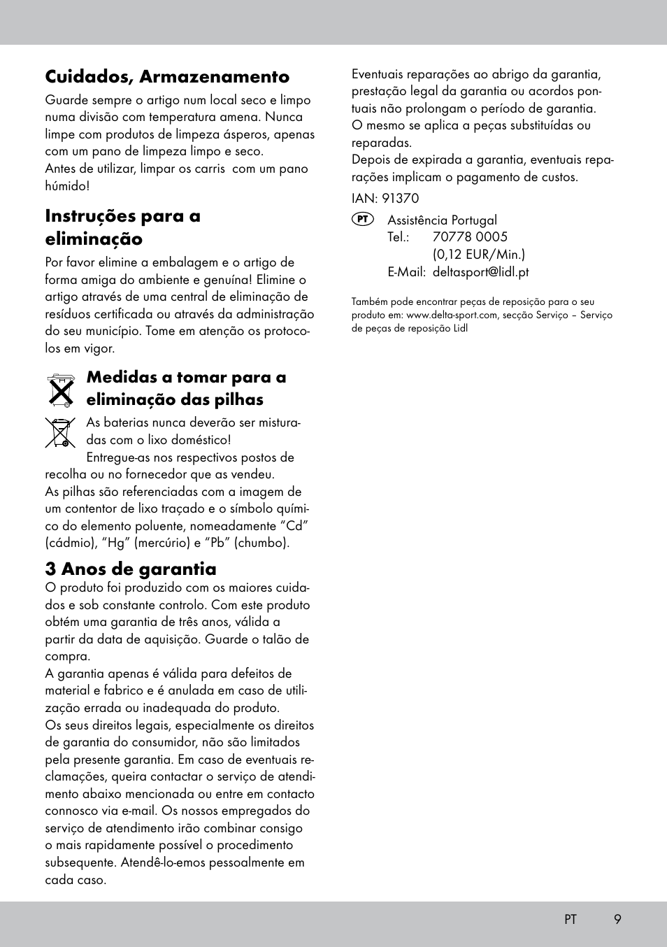 Cuidados, armazenamento, Instruções para a eliminação, 3 anos de garantia | Medidas a tomar para a eliminação das pilhas | Playtive WOODEN RAILWAY SET User Manual | Page 9 / 16