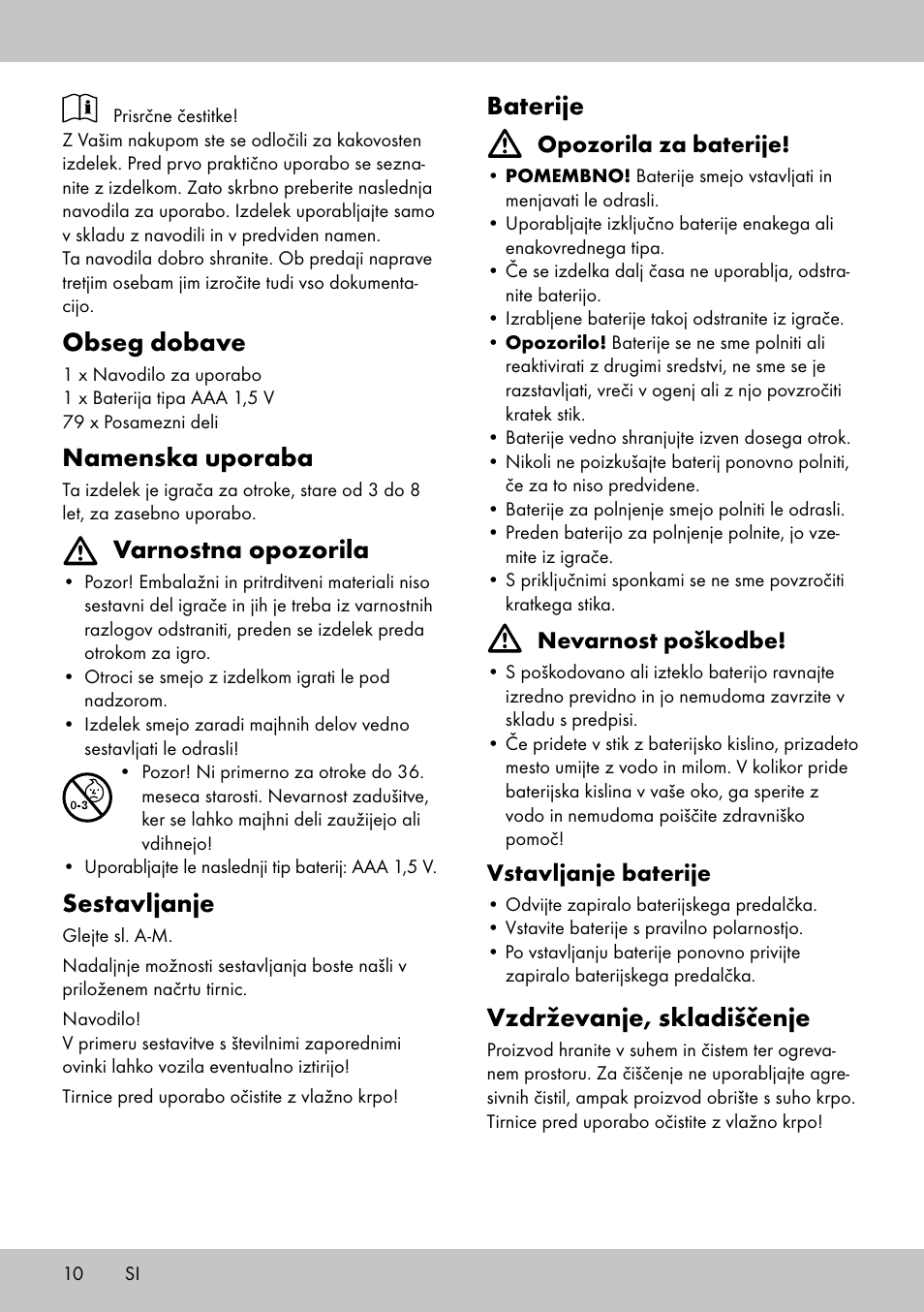 Obseg dobave, Namenska uporaba, Varnostna opozorila | Sestavljanje, Baterije, Vzdrževanje, skladiščenje | Playtive WOODEN RAILWAY SET User Manual | Page 10 / 20