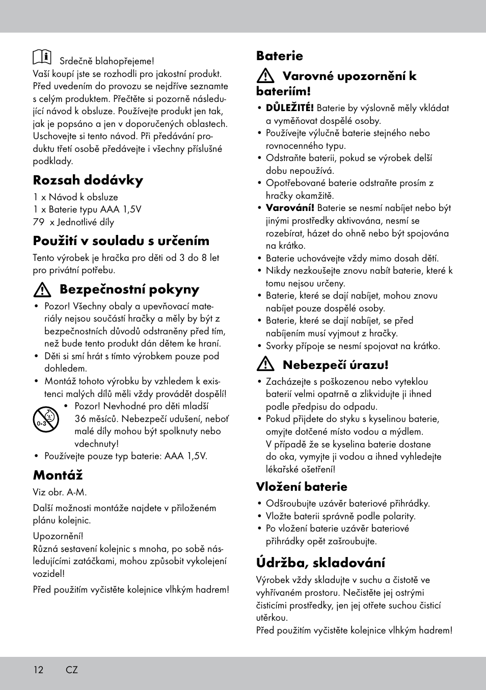 Rozsah dodávky, Použití v souladu s určením, Bezpečnostní pokyny | Montáž, Baterie, Údržba, skladování | Playtive WOODEN RAILWAY SET User Manual | Page 12 / 20