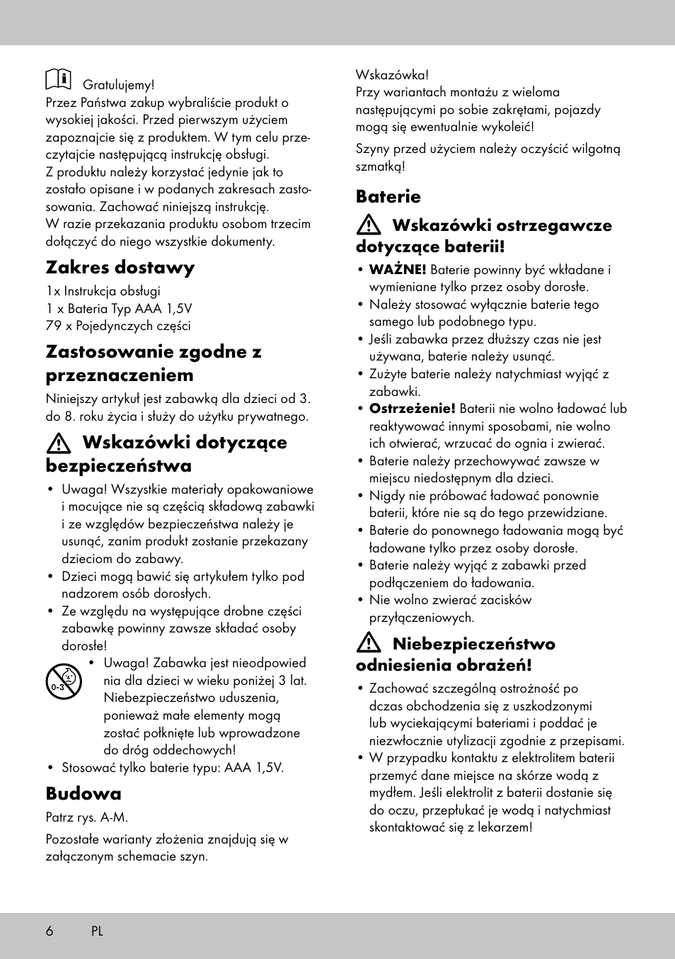 Zakres dostawy, Zastosowanie zgodne z przeznaczeniem, Wskazówki dotyczące bezpieczeństwa | Budowa, Baterie | Playtive WOODEN RAILWAY SET User Manual | Page 6 / 20