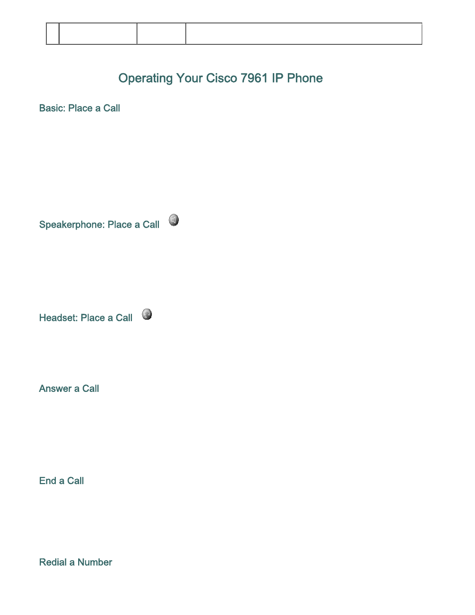 Operating your cisco 7961 ip phone, Basic: place a call, Speakerphone: place a call | Headset: place a call, Answer a call, End a call, Redial a number | Cisco IP Phone 7941 User Manual | Page 2 / 6