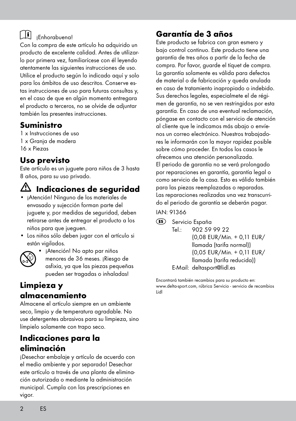 Suministro, Uso previsto, Indicaciones de seguridad | Limpieza y almacenamiento, Indicaciones para la eliminación, Garantía de 3 años | Playtive WOODEN FARMHOUSE User Manual | Page 2 / 8