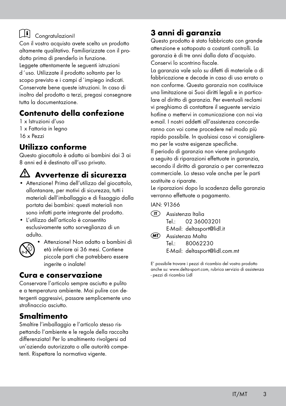 Contenuto della confezione, Utilizzo conforme, Avvertenze di sicurezza | Cura e conservazione, Smaltimento, 3 anni di garanzia | Playtive WOODEN FARMHOUSE User Manual | Page 3 / 8