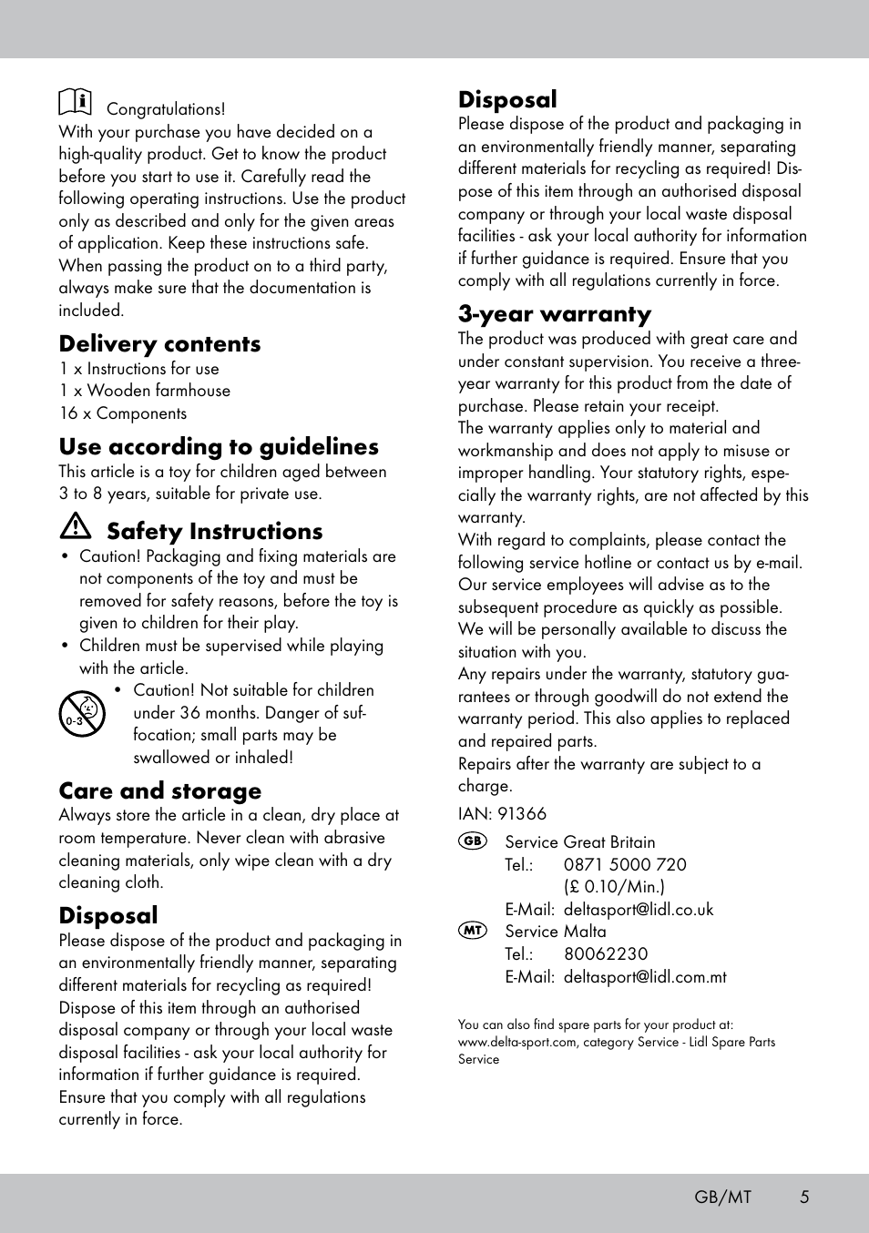 Delivery contents, Use according to guidelines, Safety instructions | Care and storage, Disposal, Year warranty | Playtive WOODEN FARMHOUSE User Manual | Page 5 / 8