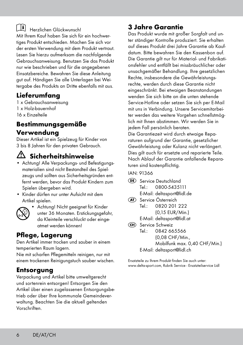 Lieferumfang, Bestimmungsgemäße verwendung, Sicherheitshinweise | Pflege, lagerung, Entsorgung, 3 jahre garantie | Playtive WOODEN FARMHOUSE User Manual | Page 6 / 8