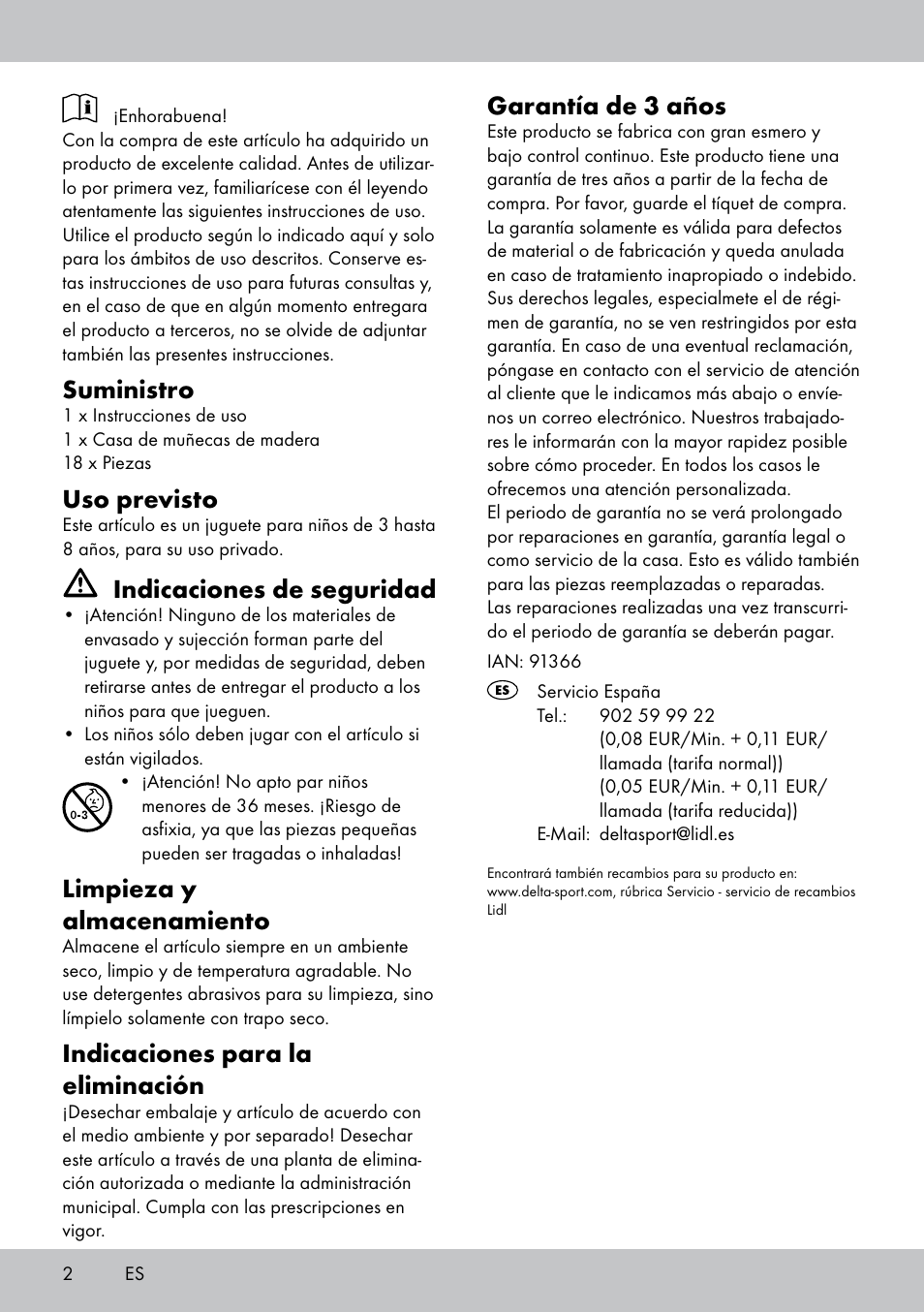 Suministro, Uso previsto, Indicaciones de seguridad | Limpieza y almacenamiento, Indicaciones para la eliminación, Garantía de 3 años | Playtive WOODEN DOLL‘S HOUSE User Manual | Page 2 / 8