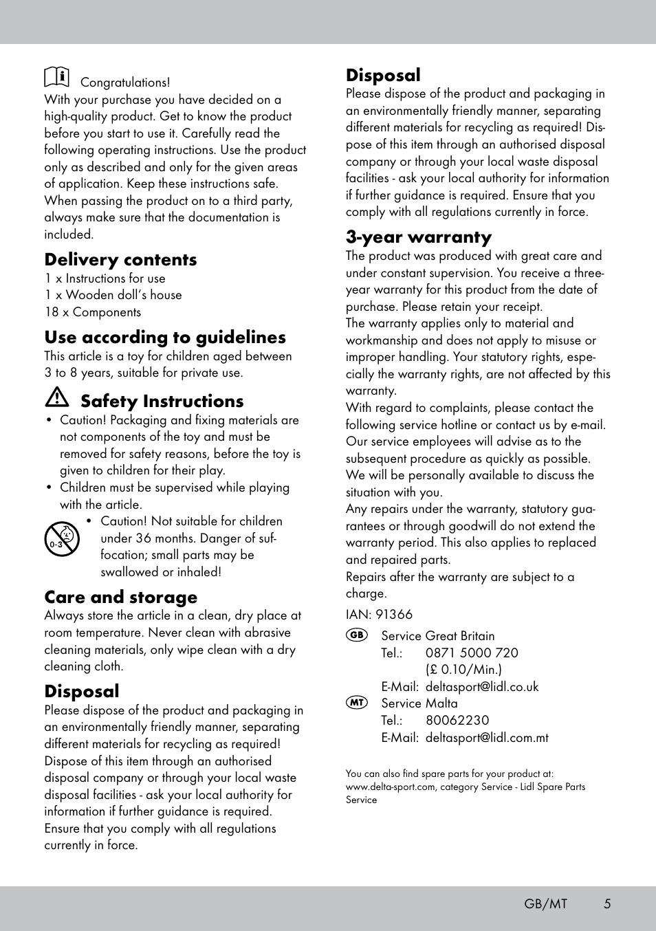 Delivery contents, Use according to guidelines, Safety instructions | Care and storage, Disposal, Year warranty | Playtive WOODEN DOLL‘S HOUSE User Manual | Page 5 / 8