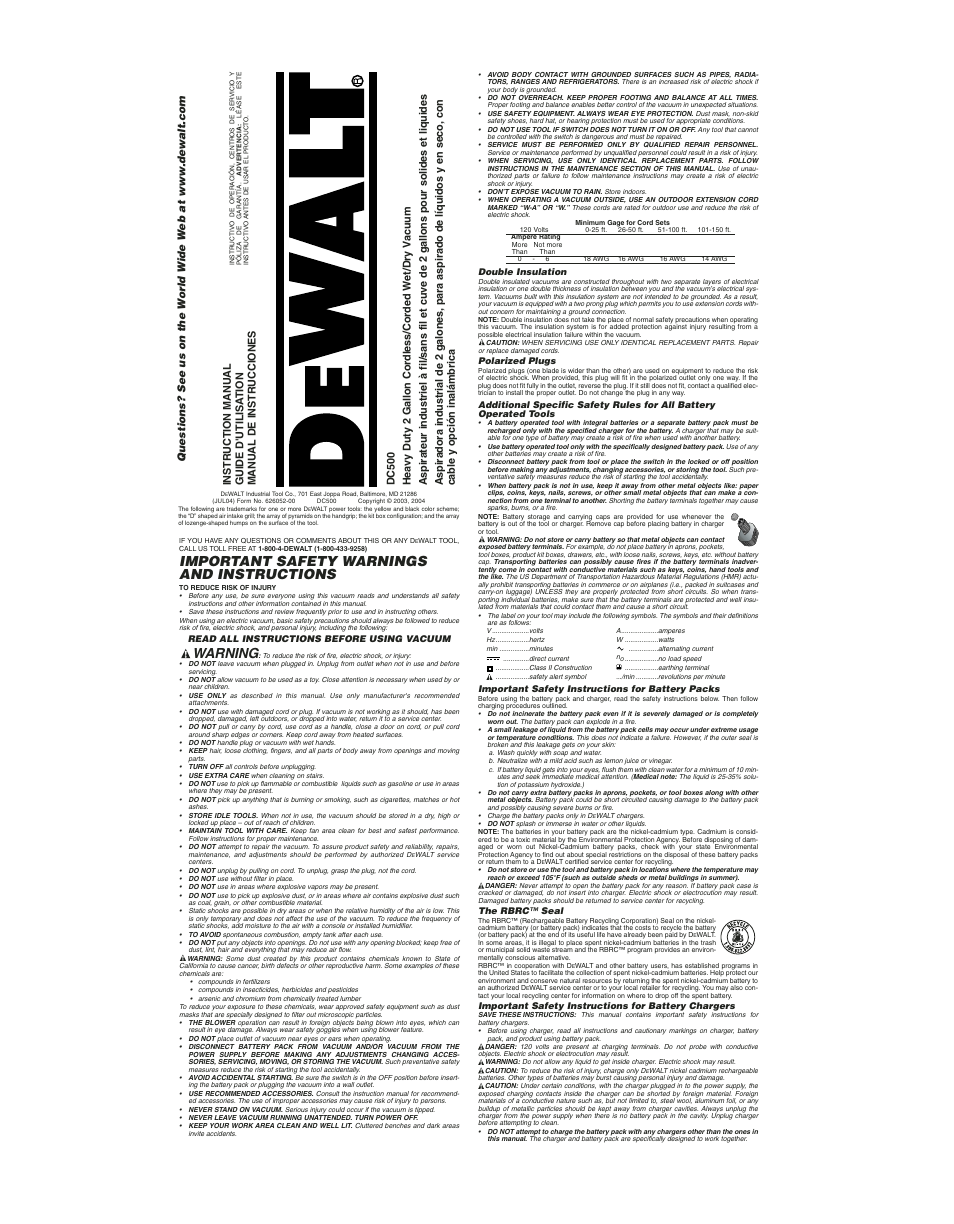 DeWalt dc500 User Manual | 7 pages