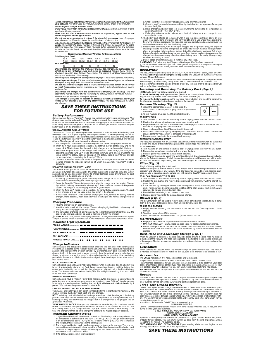 Save these instructions for future use, Save these instructions | DeWalt dc500 User Manual | Page 2 / 7