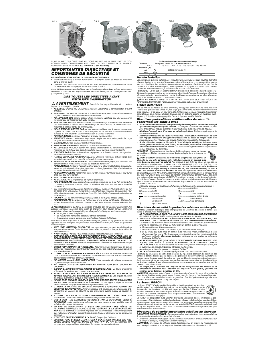 Importantes directives et consignes de sécurité, Avertissement | DeWalt dc500 User Manual | Page 3 / 7