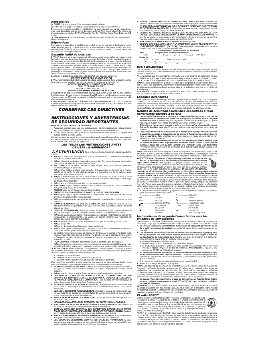 Advertencia | DeWalt dc500 User Manual | Page 5 / 7