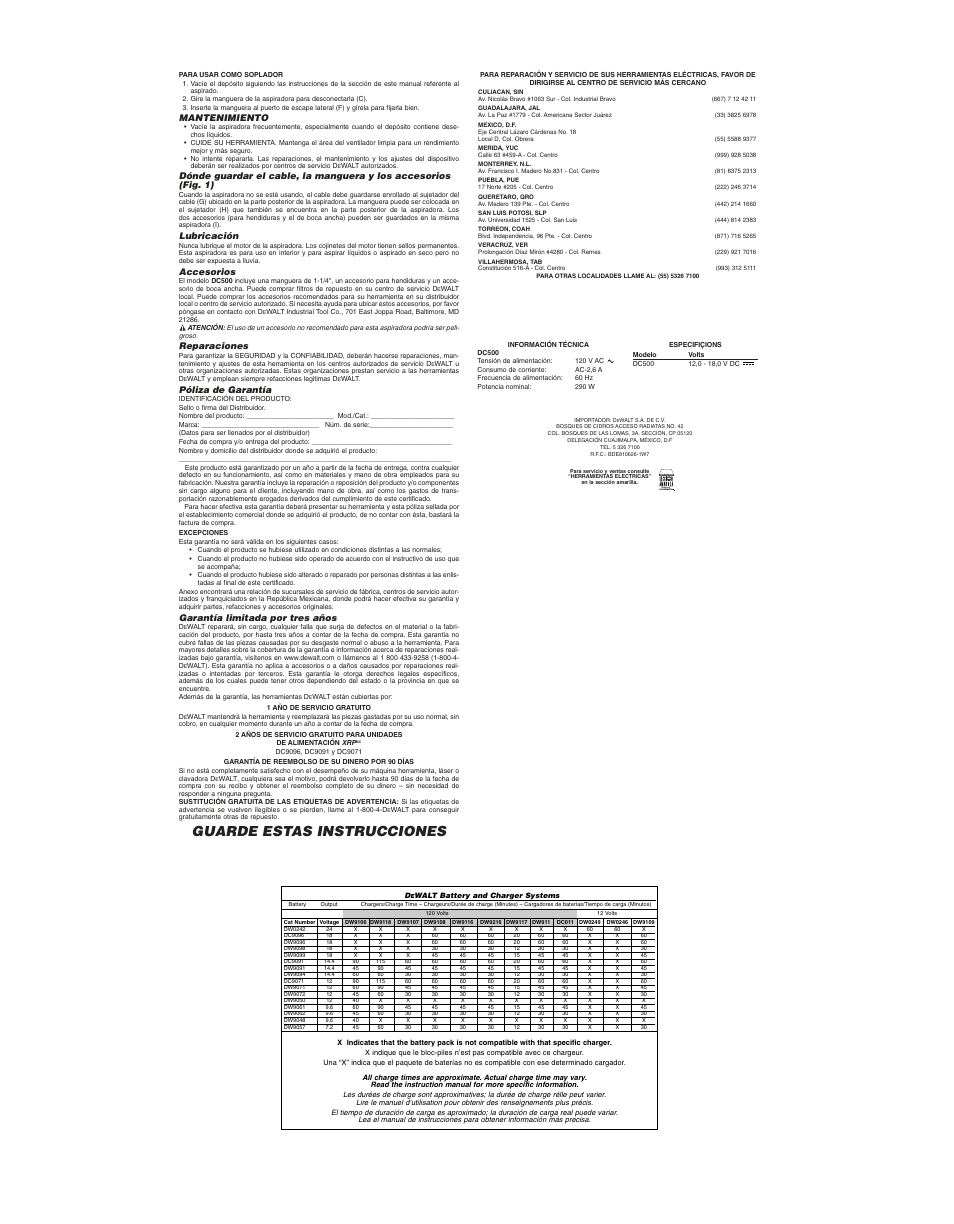 Guarde estas instrucciones, Mantenimiento, Lubricación | Accesorios, Reparaciones, Póliza de garantía, Garantía limitada por tres años | DeWalt dc500 User Manual | Page 7 / 7