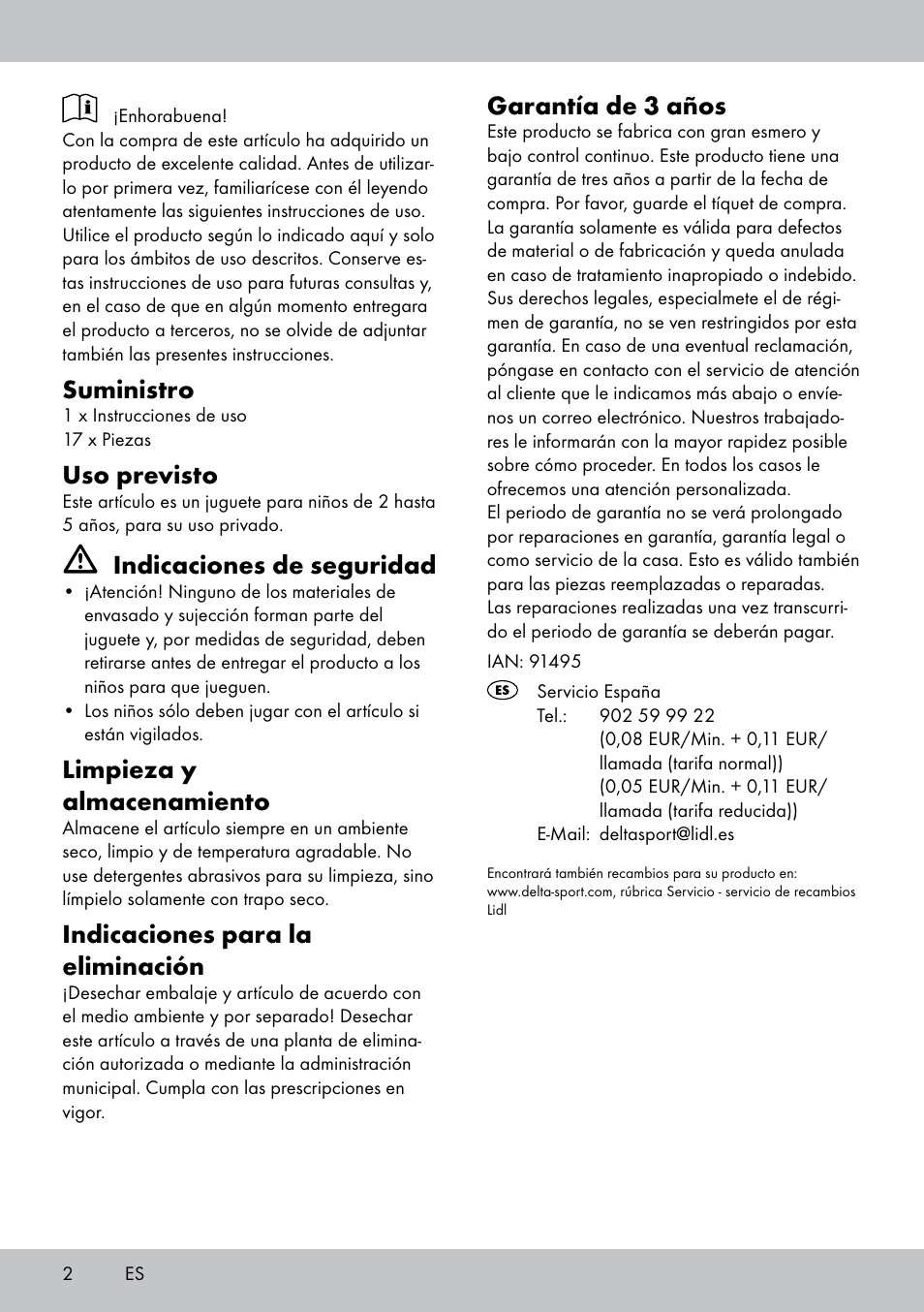 Suministro, Uso previsto, Indicaciones de seguridad | Limpieza y almacenamiento, Indicaciones para la eliminación, Garantía de 3 años | Playtive JUEGO DE DESAYUNO ALIMENTI GIOCATTOLO IN LEGNO COLAZIONE User Manual | Page 2 / 8