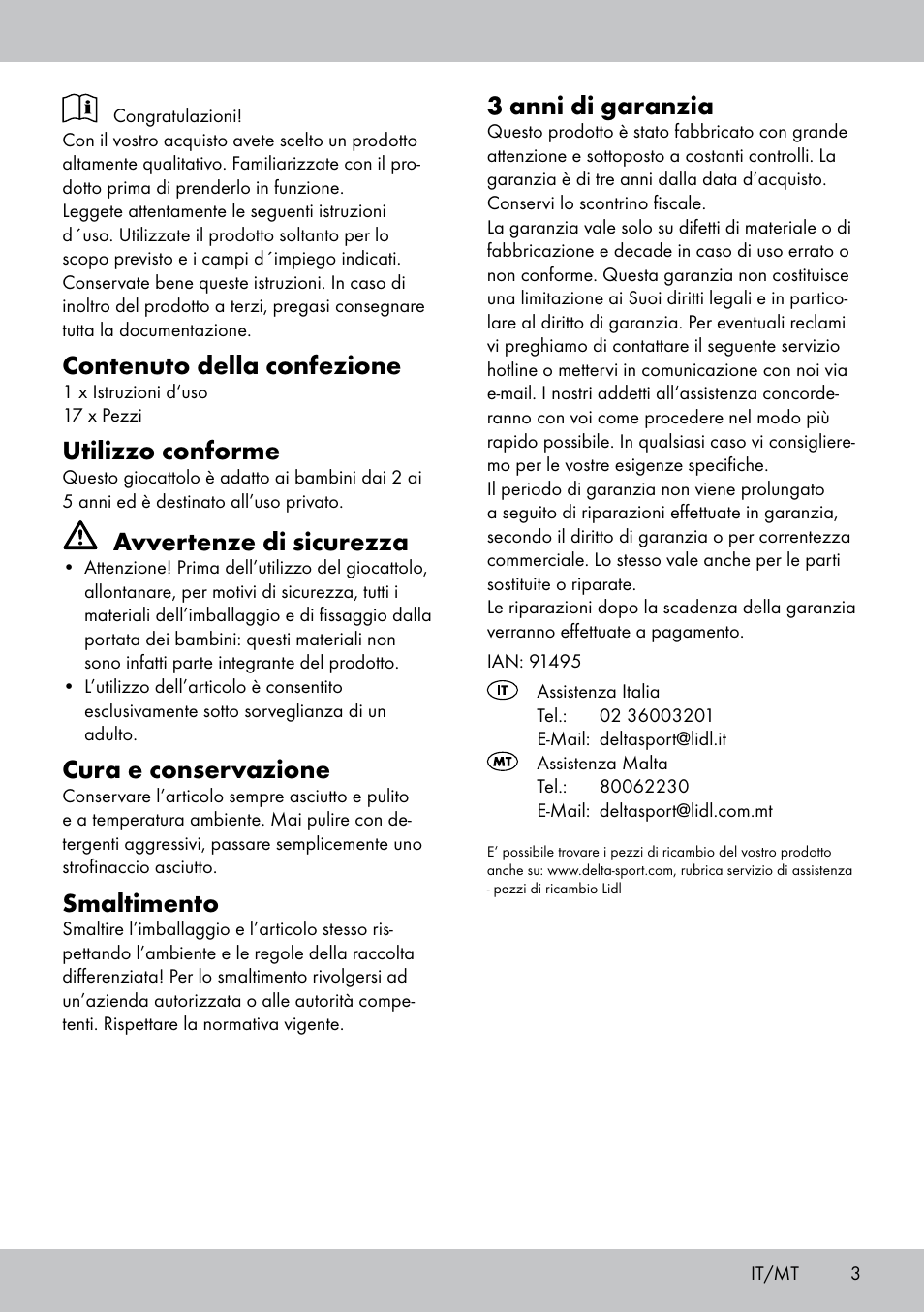 Contenuto della confezione, Utilizzo conforme, Avvertenze di sicurezza | Cura e conservazione, Smaltimento, 3 anni di garanzia | Playtive JUEGO DE DESAYUNO ALIMENTI GIOCATTOLO IN LEGNO COLAZIONE User Manual | Page 3 / 8