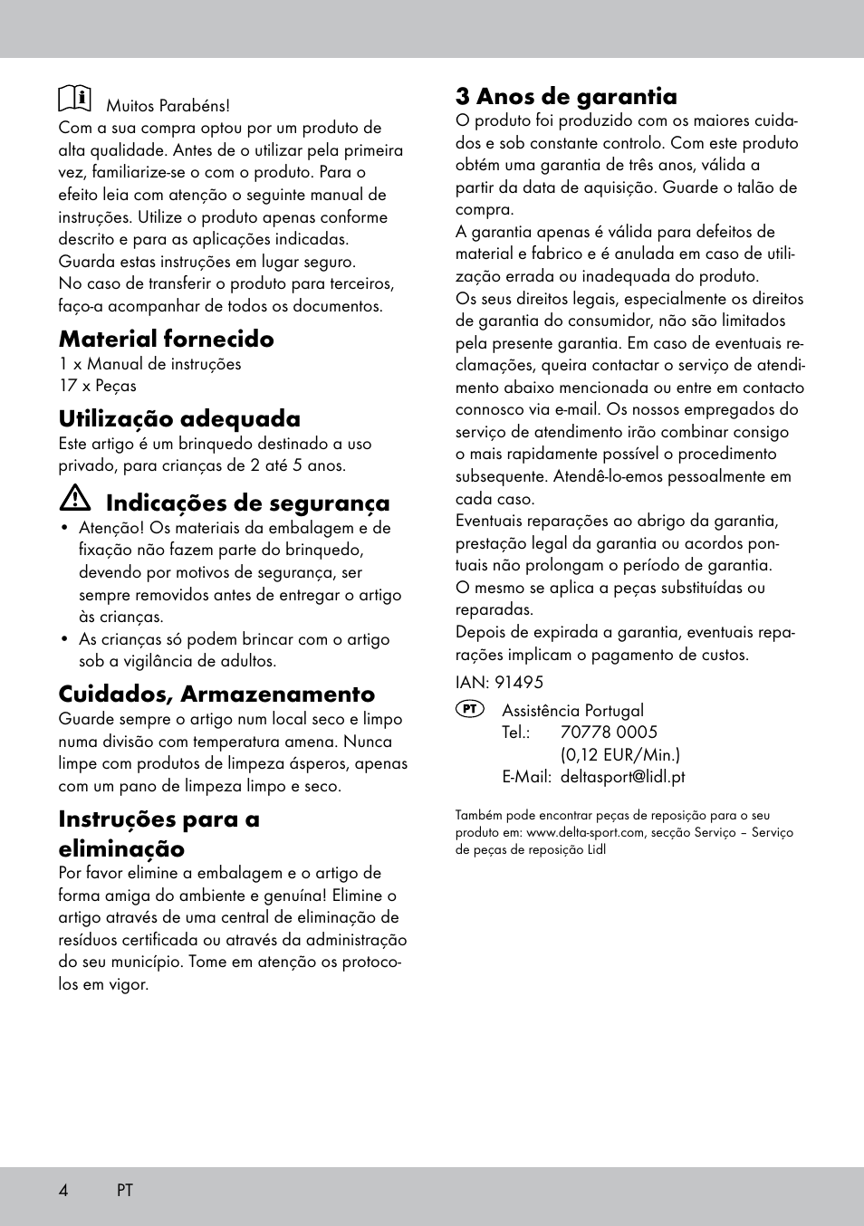 Material fornecido, Utilização adequada, Indicações de segurança | Cuidados, armazenamento, Instruções para a eliminação, 3 anos de garantia | Playtive JUEGO DE DESAYUNO ALIMENTI GIOCATTOLO IN LEGNO COLAZIONE User Manual | Page 4 / 8