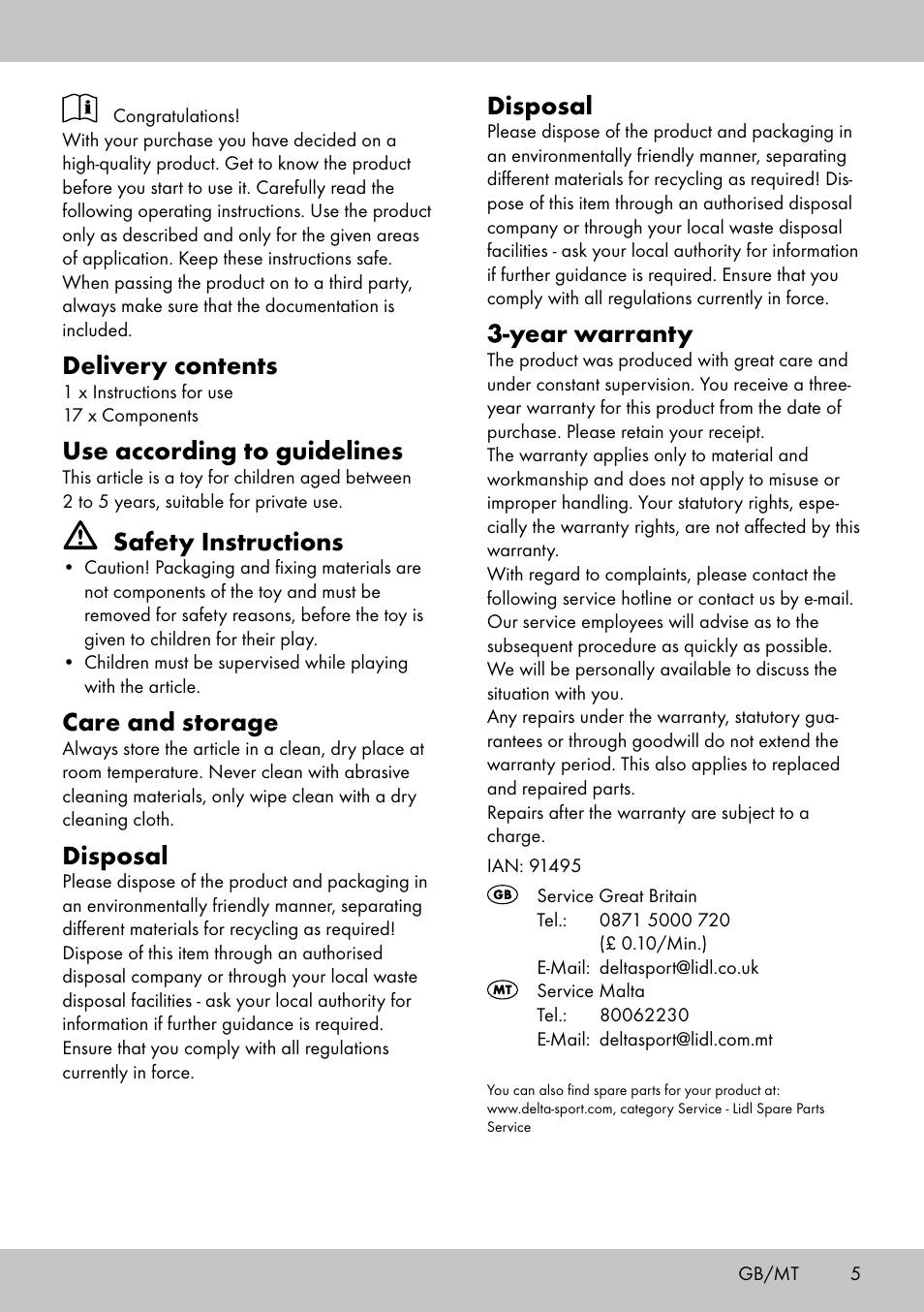 Delivery contents, Use according to guidelines, Safety instructions | Care and storage, Disposal, Year warranty | Playtive JUEGO DE DESAYUNO ALIMENTI GIOCATTOLO IN LEGNO COLAZIONE User Manual | Page 5 / 8