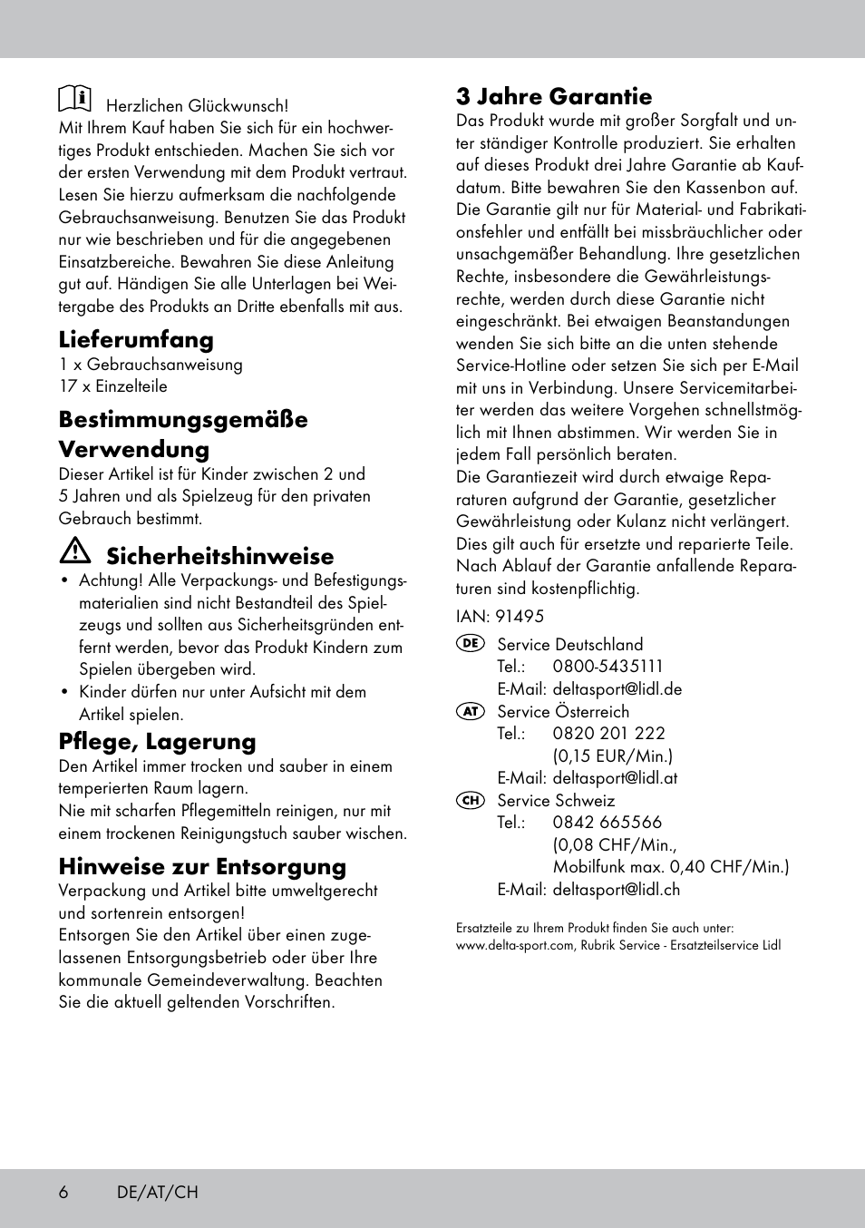 Lieferumfang, Bestimmungsgemäße verwendung, Sicherheitshinweise | Pflege, lagerung, Hinweise zur entsorgung, 3 jahre garantie | Playtive JUEGO DE DESAYUNO ALIMENTI GIOCATTOLO IN LEGNO COLAZIONE User Manual | Page 6 / 8