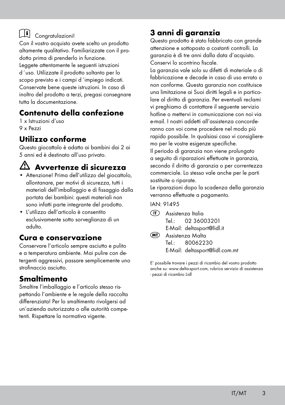 Contenuto della confezione, Utilizzo conforme, Avvertenze di sicurezza | Cura e conservazione, Smaltimento, 3 anni di garanzia | Playtive JUEGO DE POSTRE ALIMENTI GIOCATTOLO IN LEGNO TORTA User Manual | Page 3 / 8