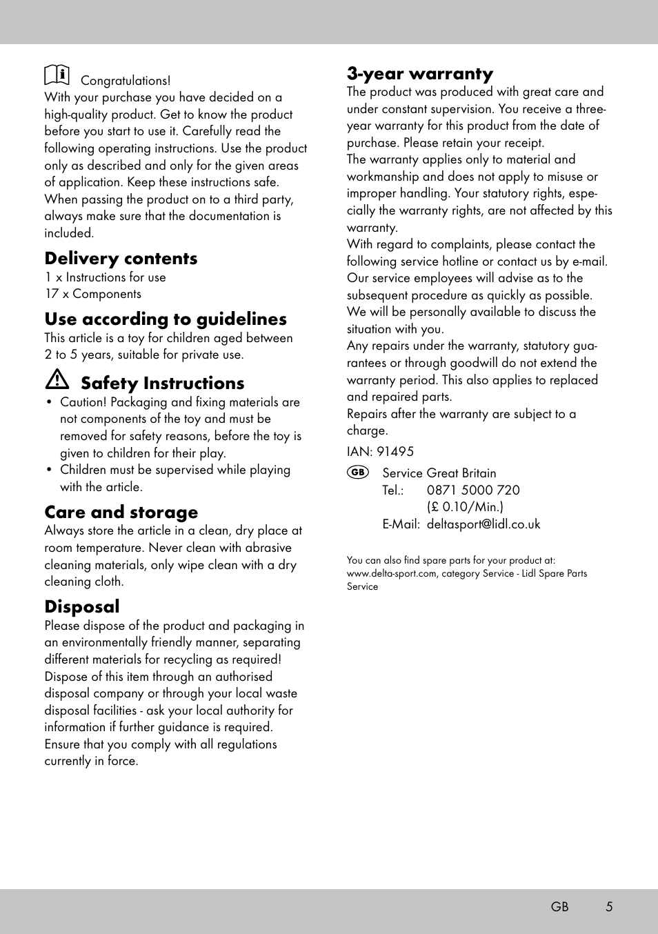 Delivery contents, Use according to guidelines, Safety instructions | Care and storage, Disposal, Year warranty | Playtive JUEGO DE DESAYUNO ALIMENTI GIOCATTOLO IN LEGNO COLAZIONE User Manual | Page 5 / 8