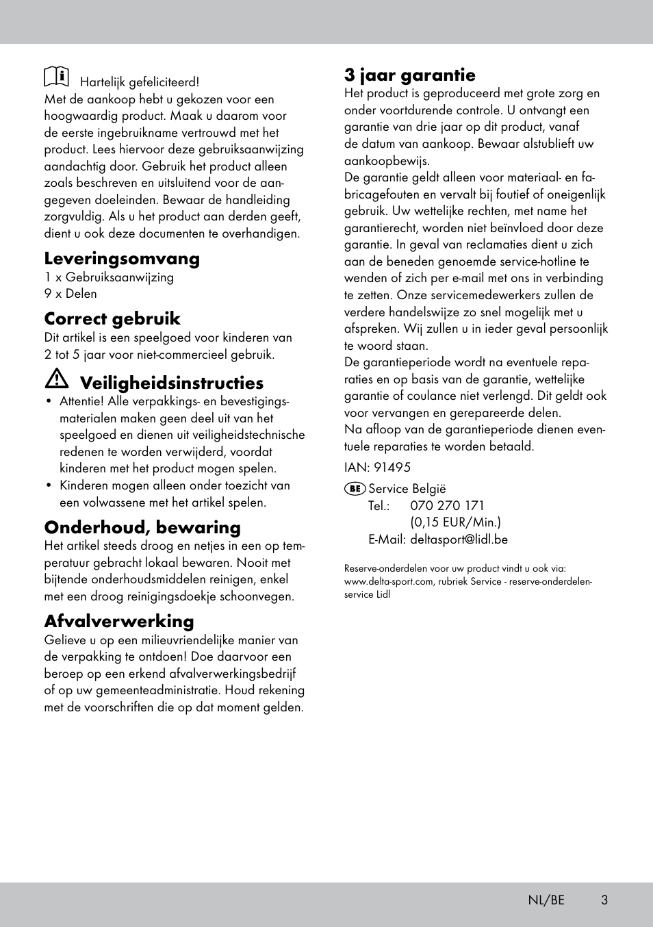 Leveringsomvang, Correct gebruik, Veiligheidsinstructies | Onderhoud, bewaring, Afvalverwerking, 3 jaar garantie | Playtive JUEGO DE POSTRE ALIMENTI GIOCATTOLO IN LEGNO TORTA User Manual | Page 3 / 8