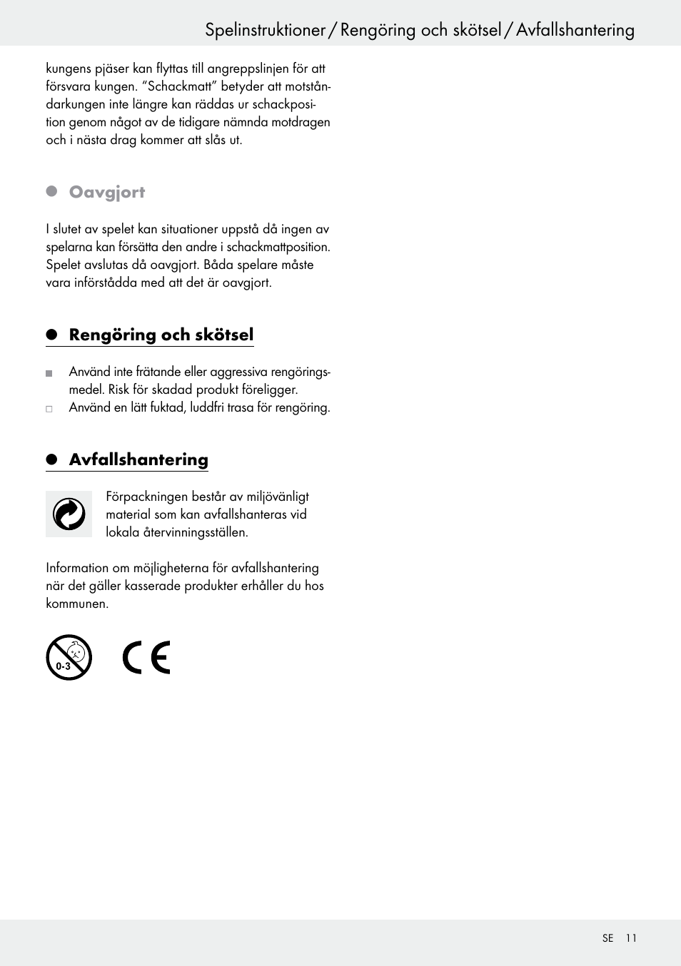 Oavgjort, Rengöring och skötsel, Avfallshantering | Playtive Chess Set User Manual | Page 11 / 24