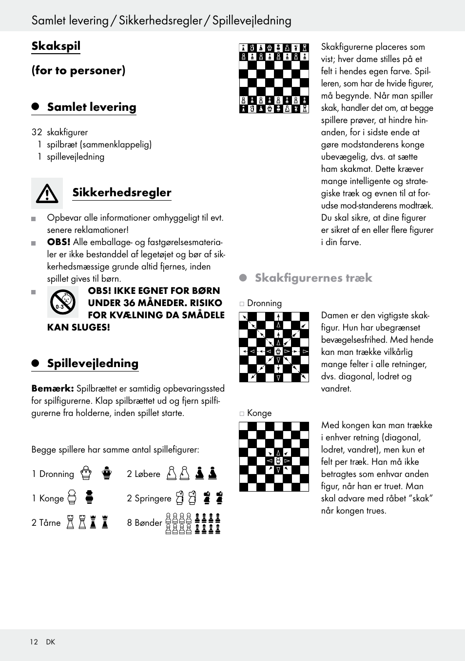 Skakspil (for to personer), Samlet levering, Sikkerhedsregler | Spillevejledning, Skakfigurernes træk | Playtive Chess Set User Manual | Page 12 / 24