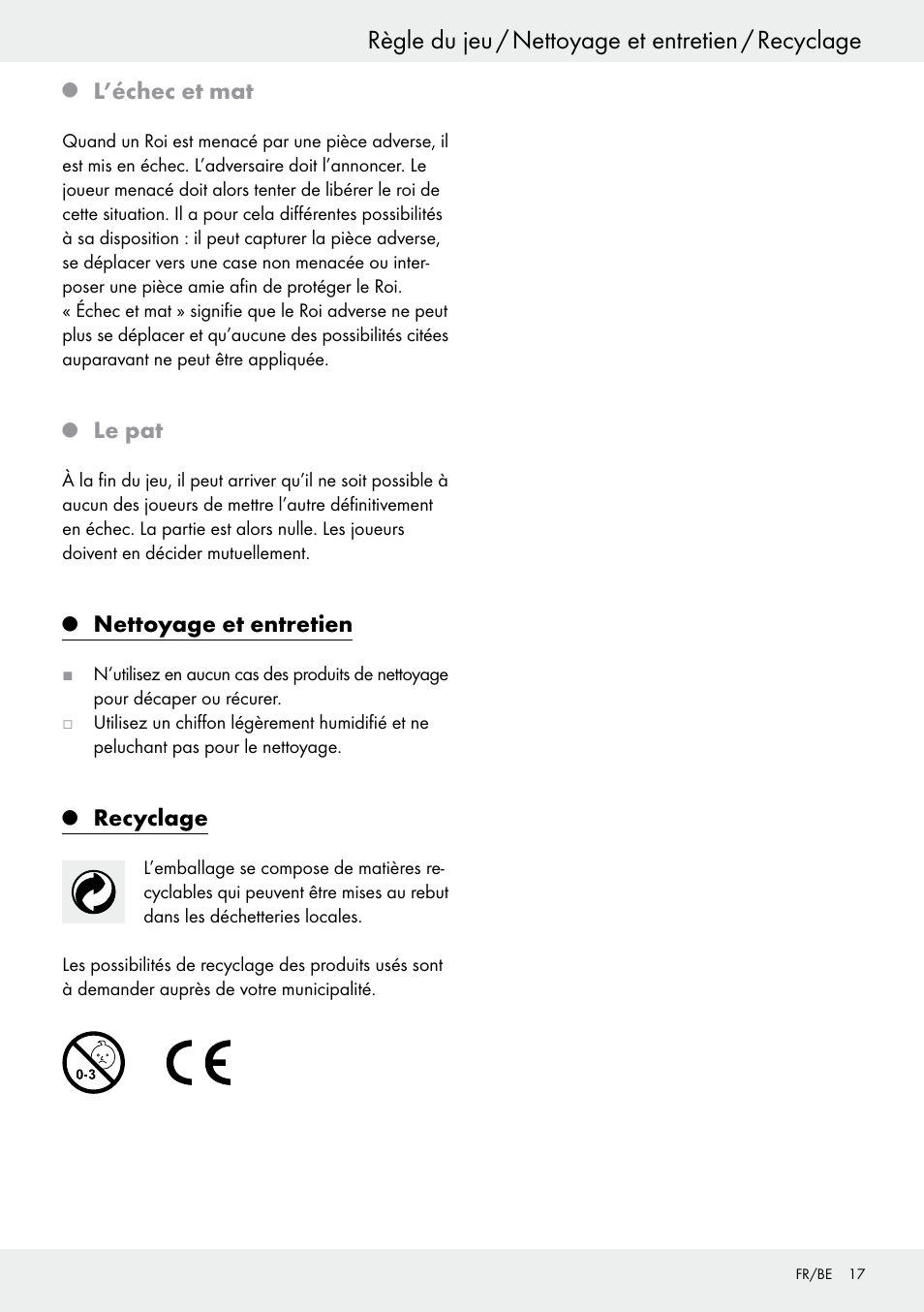 Règle du jeu / nettoyage et entretien / recyclage, L’échec et mat, Le pat | Nettoyage et entretien, Recyclage | Playtive Chess Set User Manual | Page 17 / 24