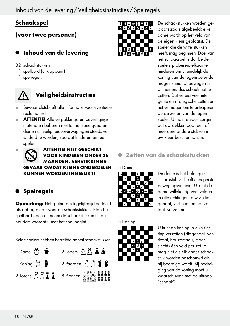 Schaakspel (voor twee personen), Inhoud van de levering, Veiligheidsinstructies | Spelregels, Zetten van de schaakstukken | Playtive Chess Set User Manual | Page 18 / 24