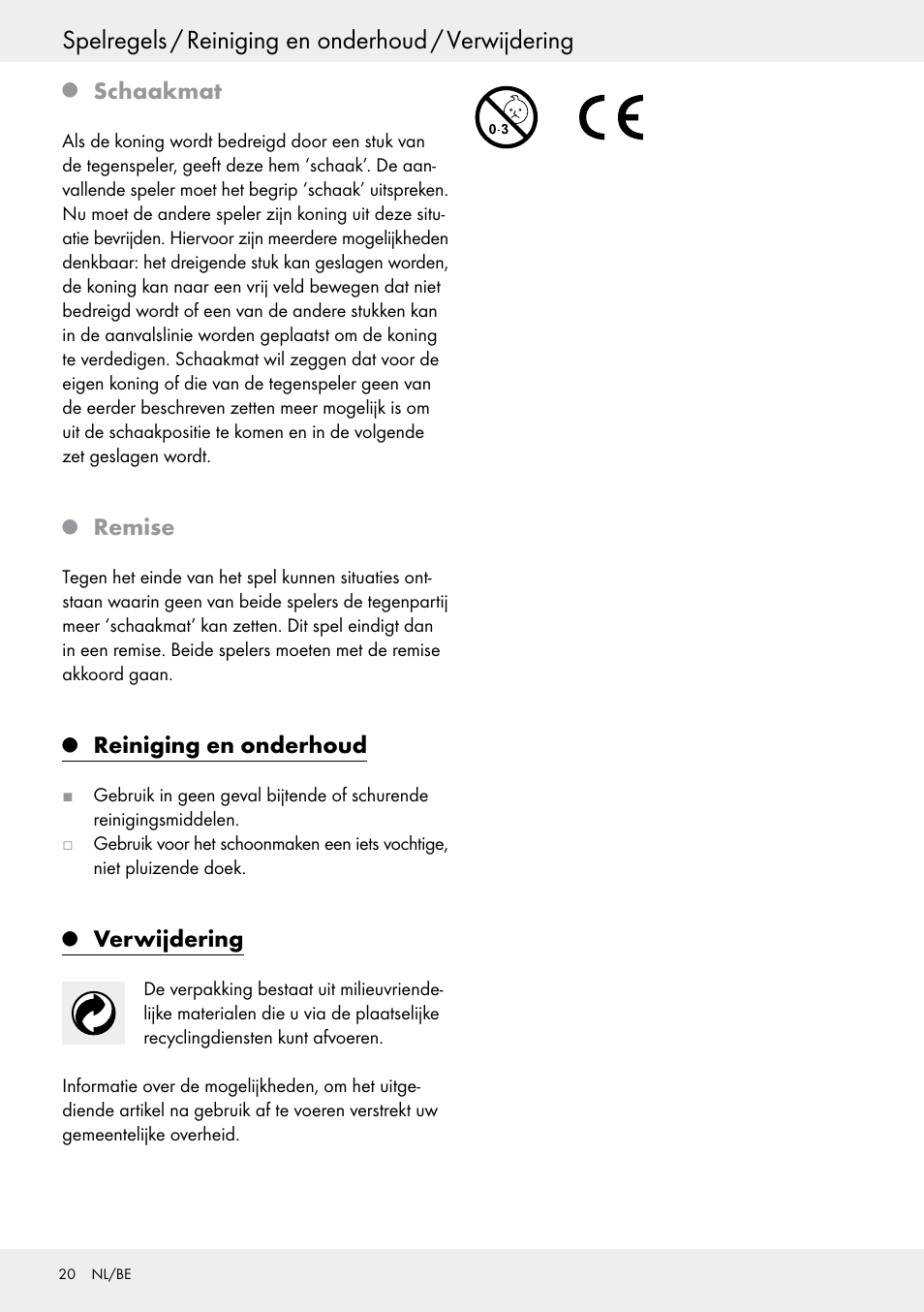 Spelregels / reiniging en onderhoud / verwijdering, Schaakmat, Remise | Reiniging en onderhoud, Verwijdering | Playtive Chess Set User Manual | Page 20 / 24