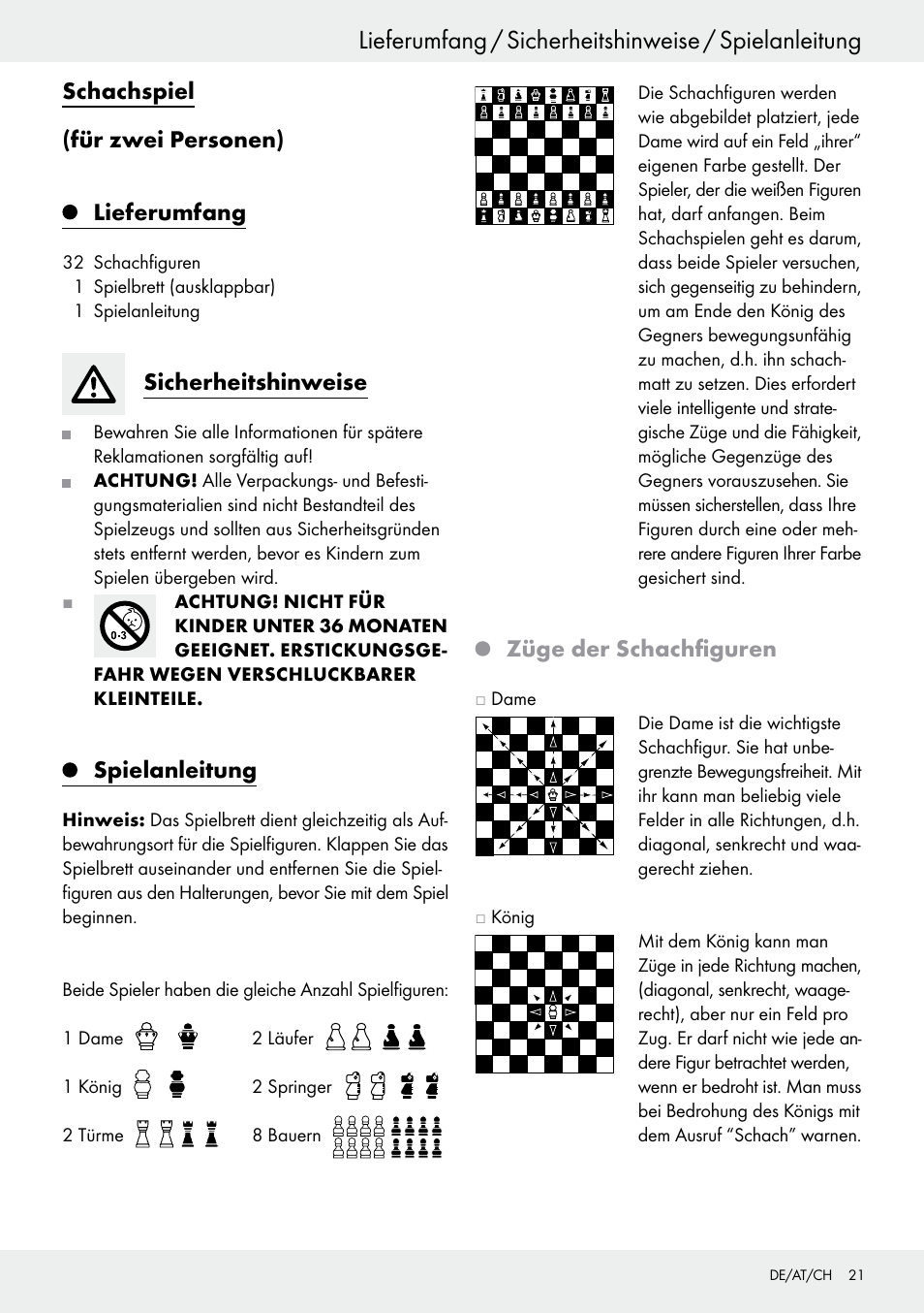 Schachspiel (für zwei personen), Lieferumfang, Sicherheitshinweise | Spielanleitung, Züge der schachfiguren | Playtive Chess Set User Manual | Page 21 / 24