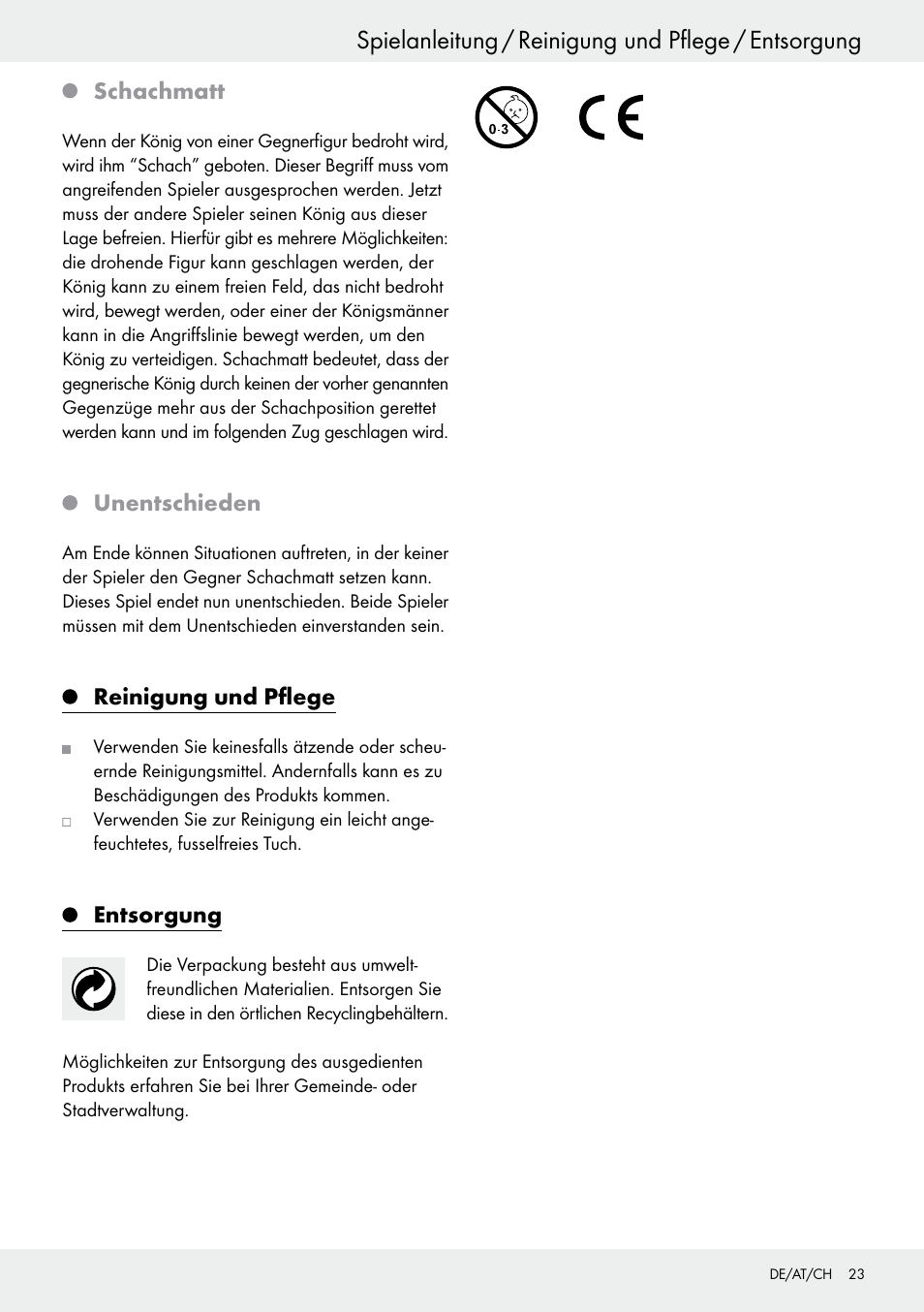 Spielanleitung / reinigung und pflege / entsorgung, Schachmatt, Unentschieden | Reinigung und pflege, Entsorgung | Playtive Chess Set User Manual | Page 23 / 24