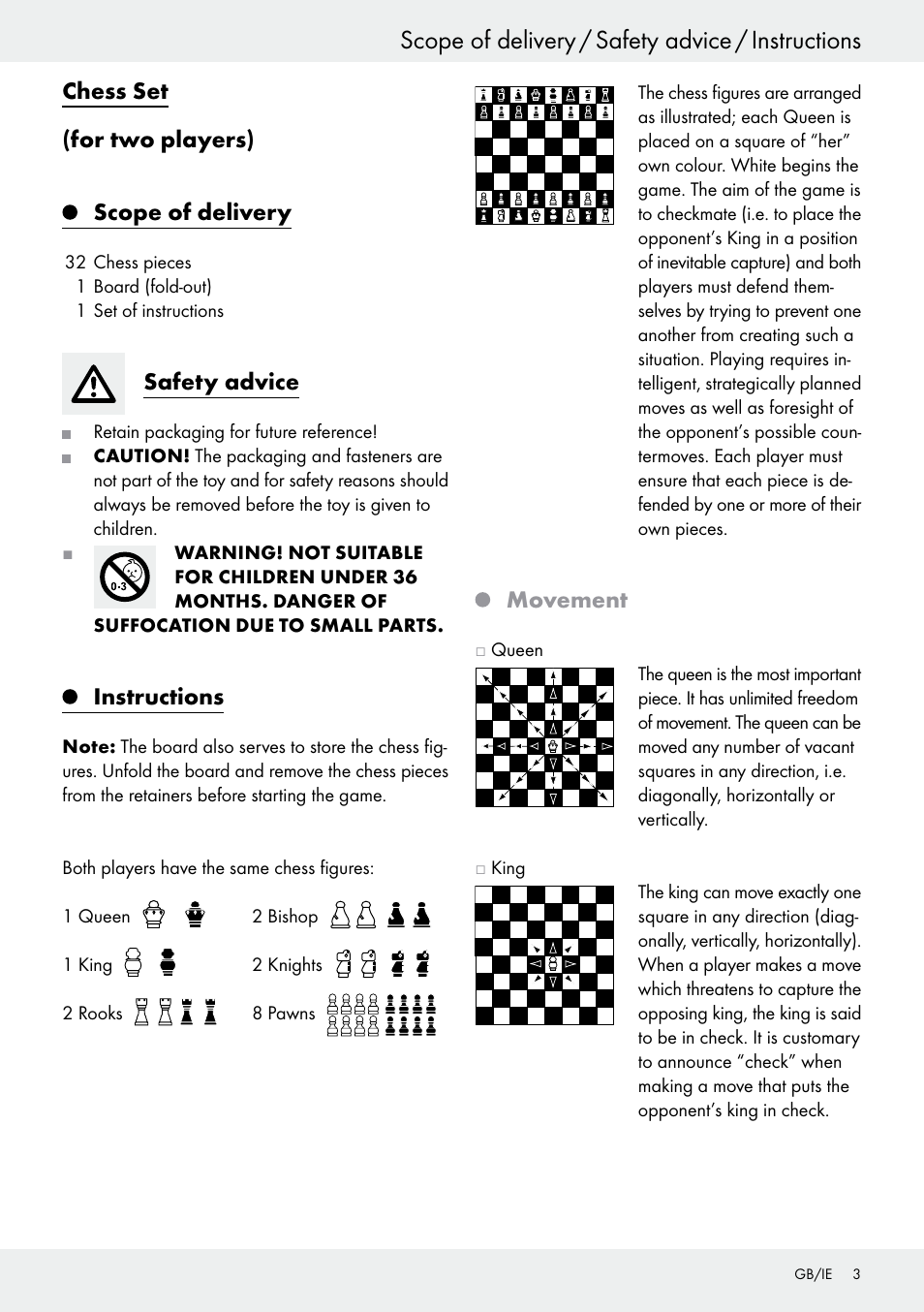 Scope of delivery / safety advice / instructions, Chess set (for two players) scope of delivery, Safety advice | Instructions, Movement | Playtive Chess Set User Manual | Page 3 / 24