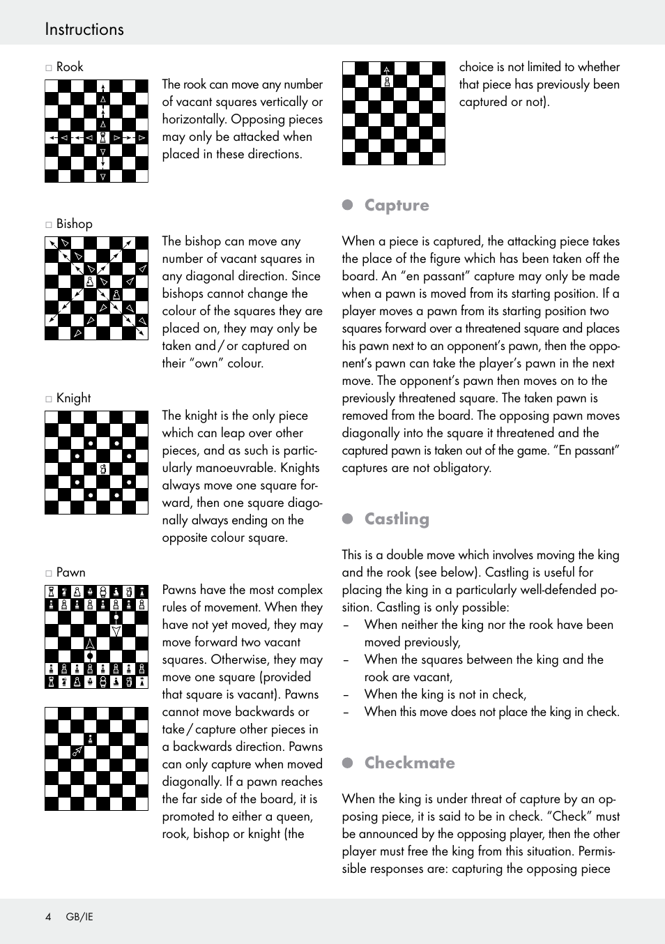 Instructions, Capture, Castling | Checkmate | Playtive Chess Set User Manual | Page 4 / 24