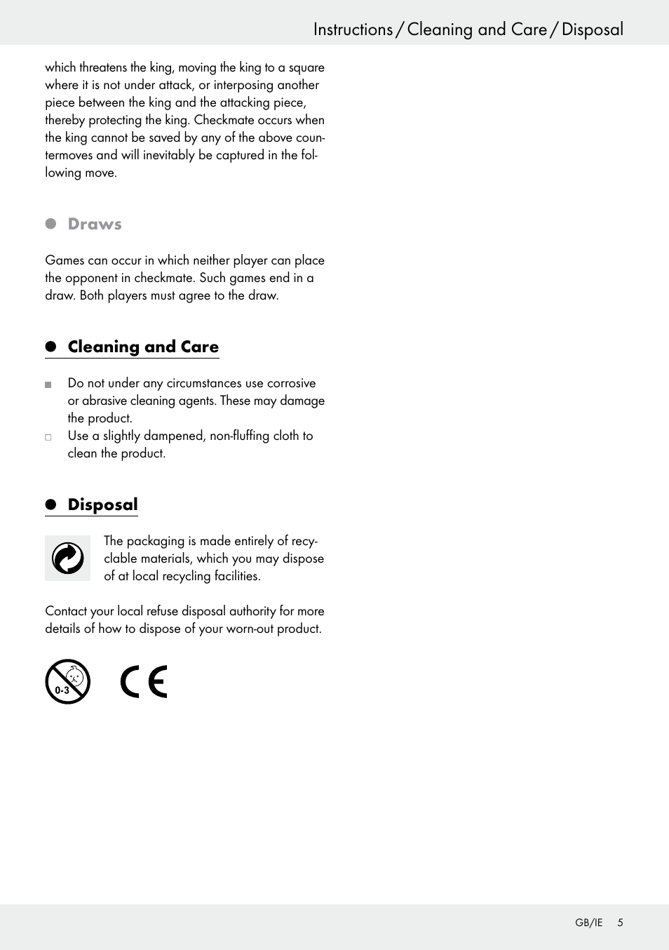 Instructions / cleaning and care / disposal, Draws, Cleaning and care | Disposal | Playtive Chess Set User Manual | Page 5 / 24